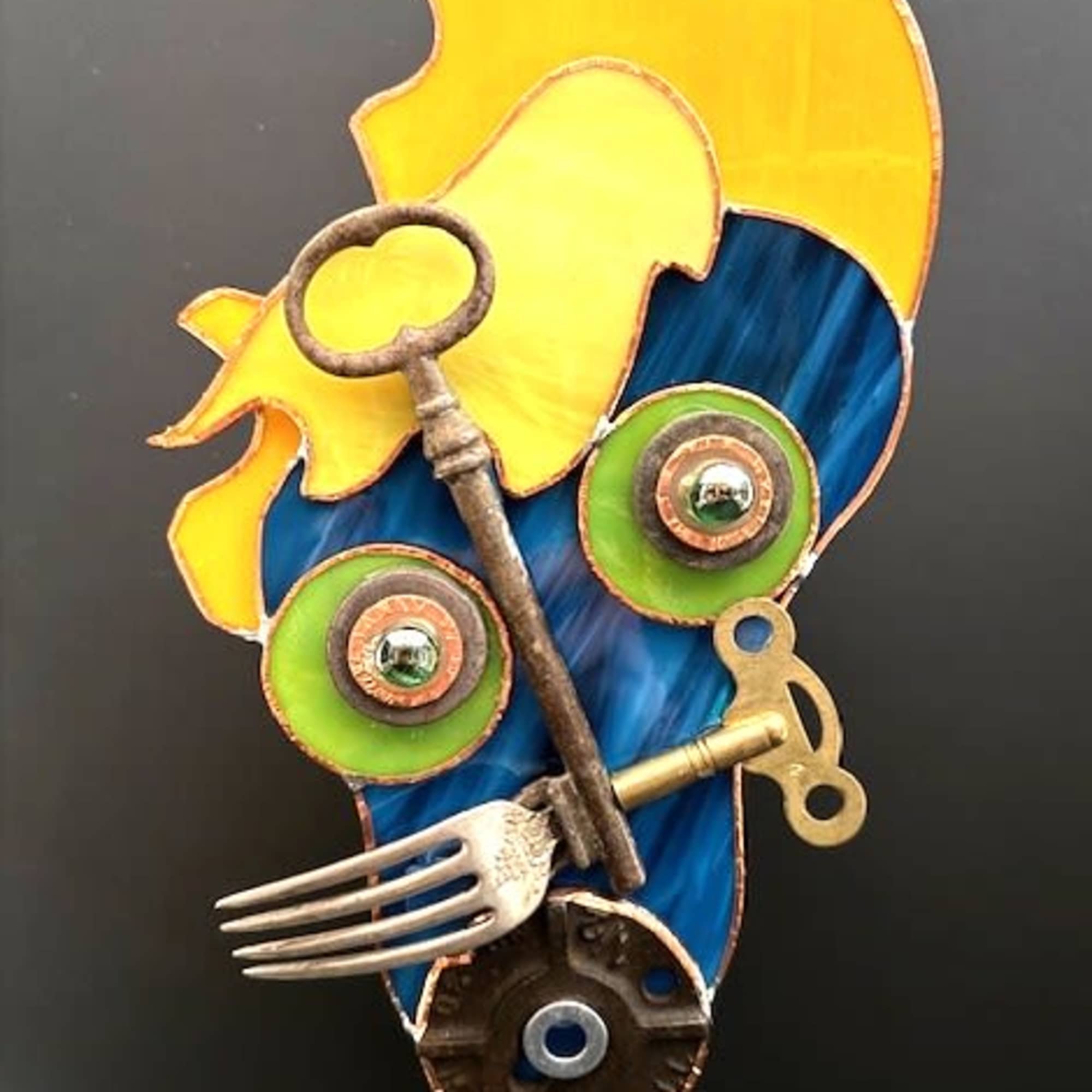 Bright yellow and deep blue stained glass sweep into a playful abstract