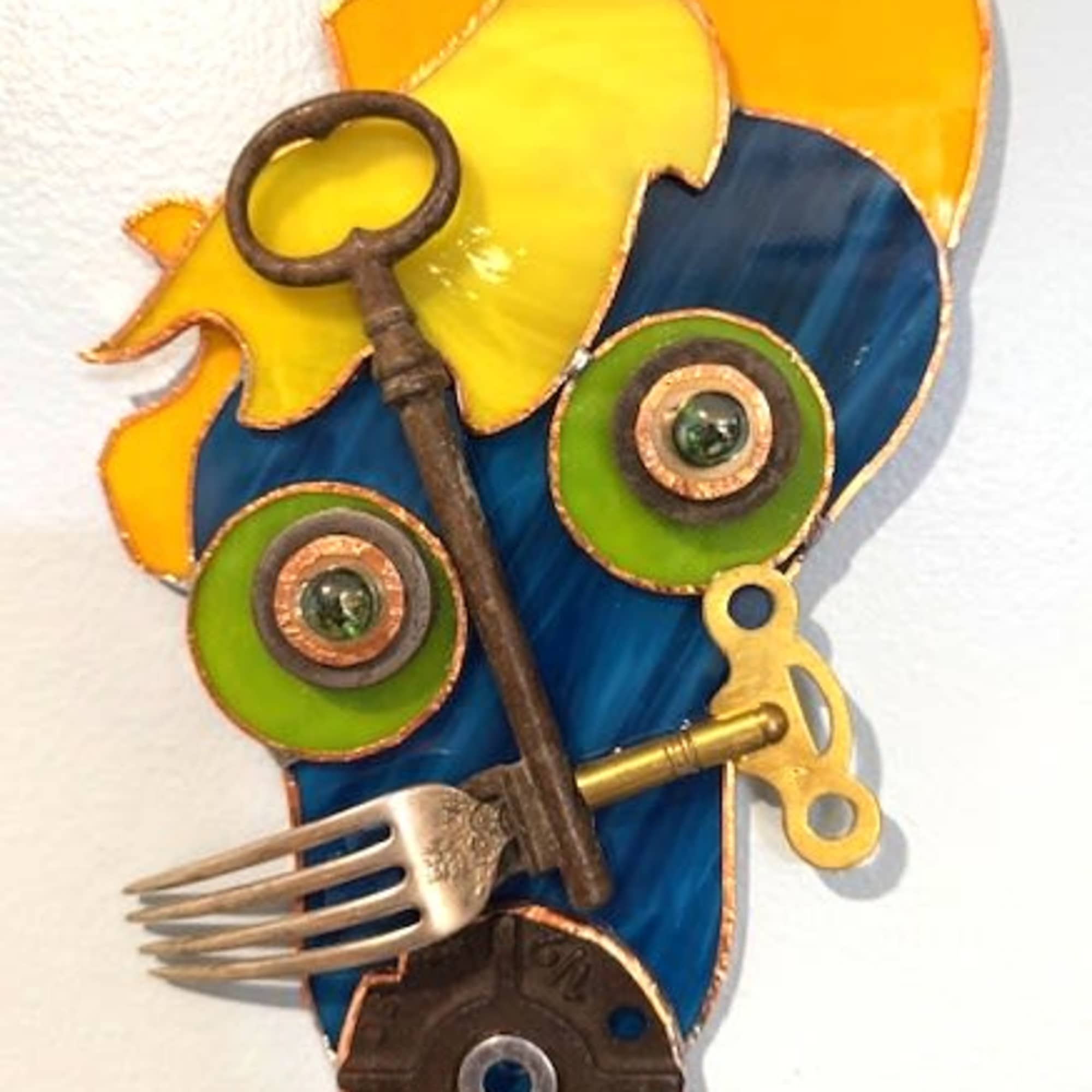 Bright yellow and deep blue stained glass sweep into a playful abstract