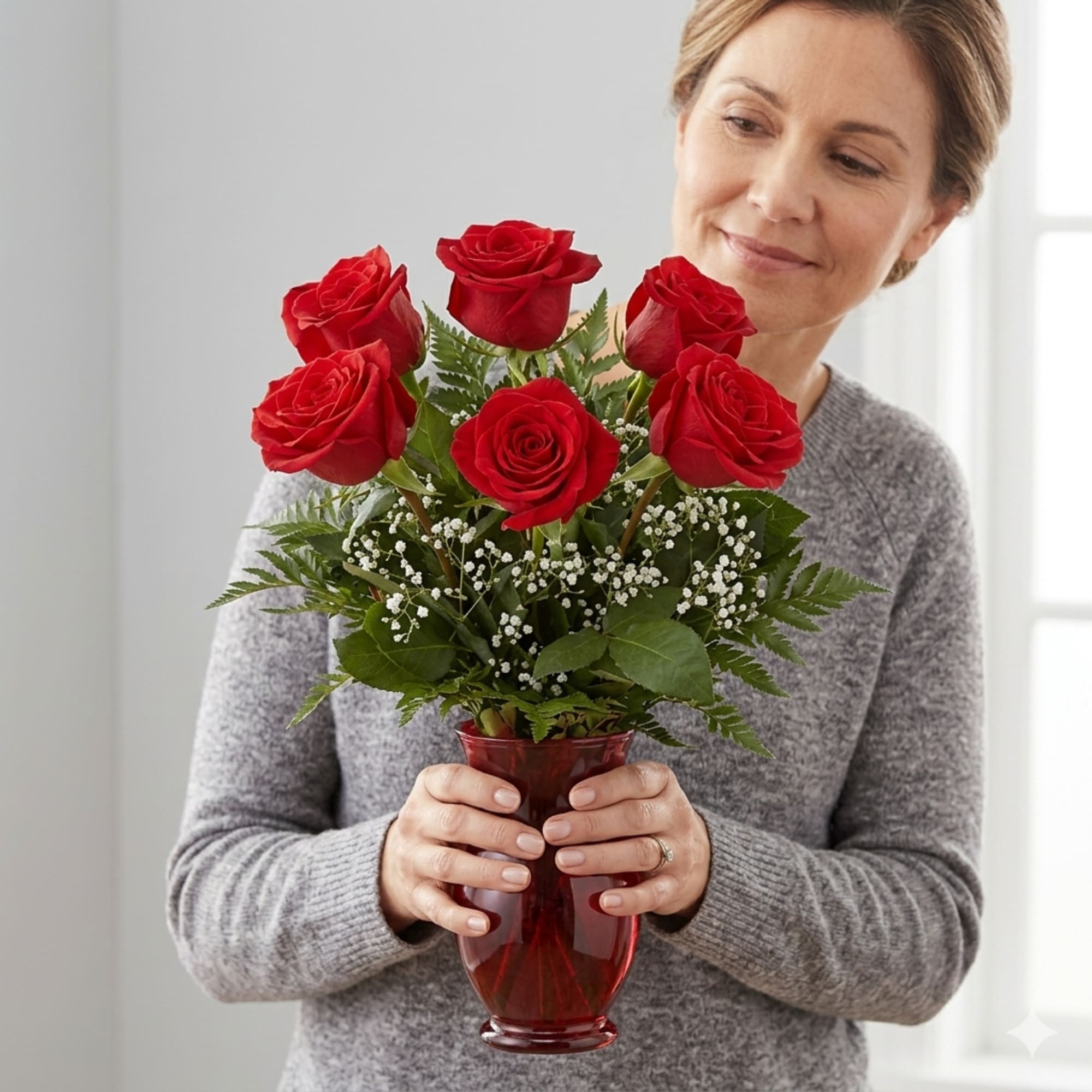 Six velvet-red roses sit tightly clustered above a deep red glass vase