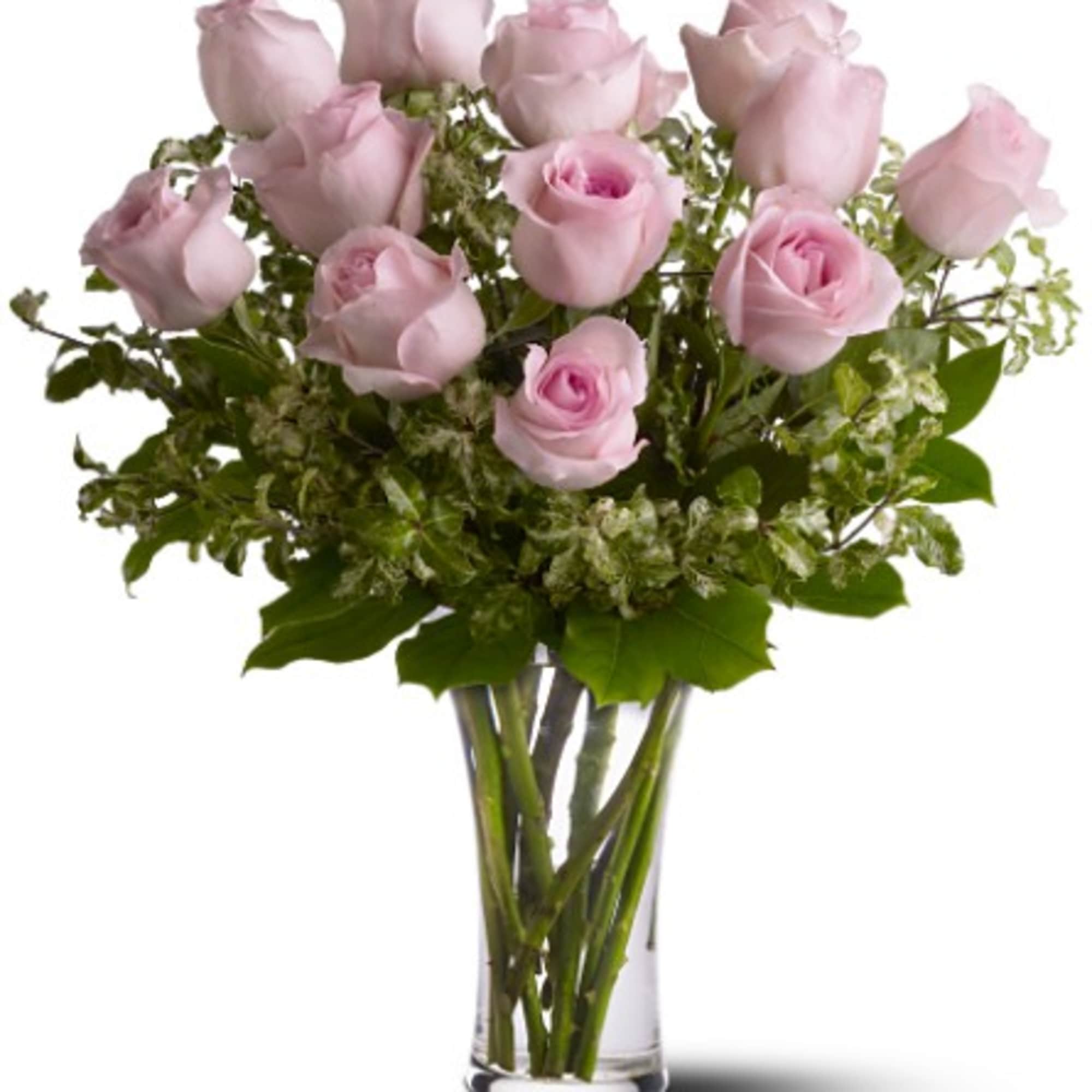 Soft, romantic pale pink roses gathered in a lush, rounded cluster-this birthday