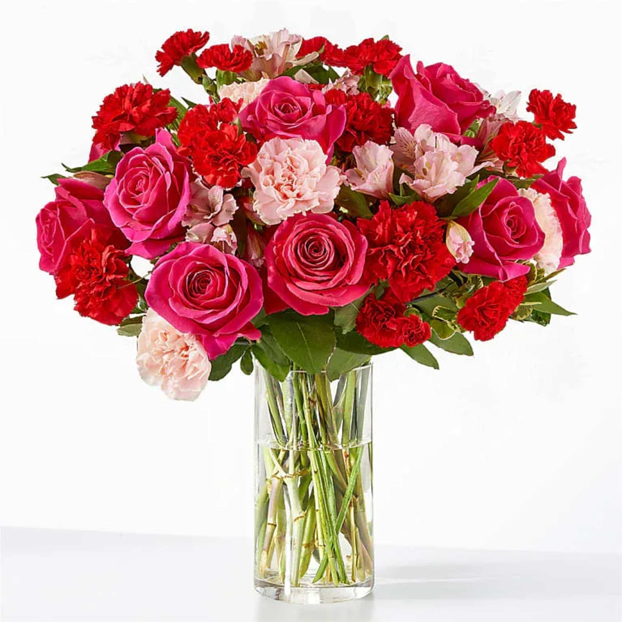 A lush cluster of hot pink roses and vivid red carnations, softened