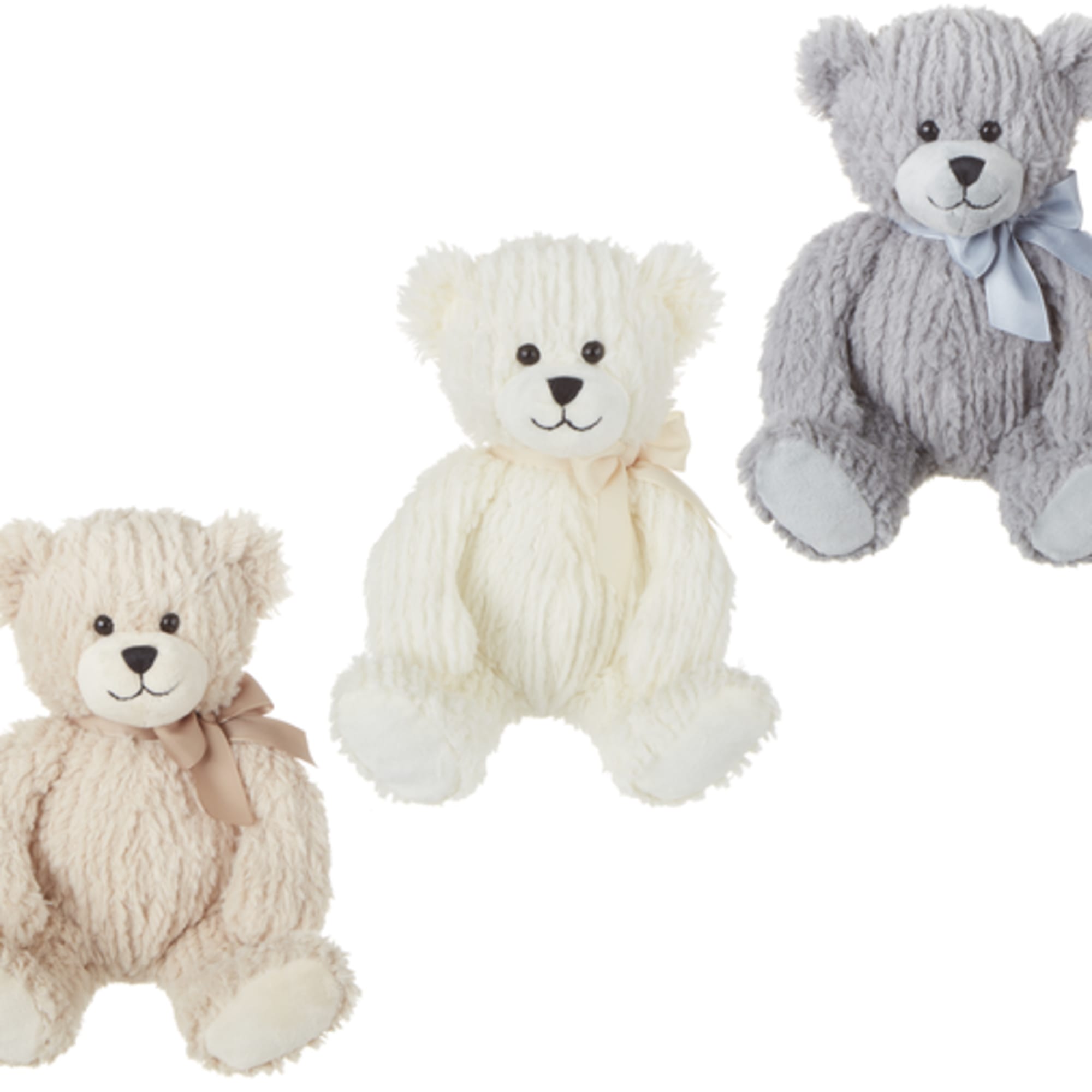 Three plush teddy bears in cream, white, and gray with ribbons