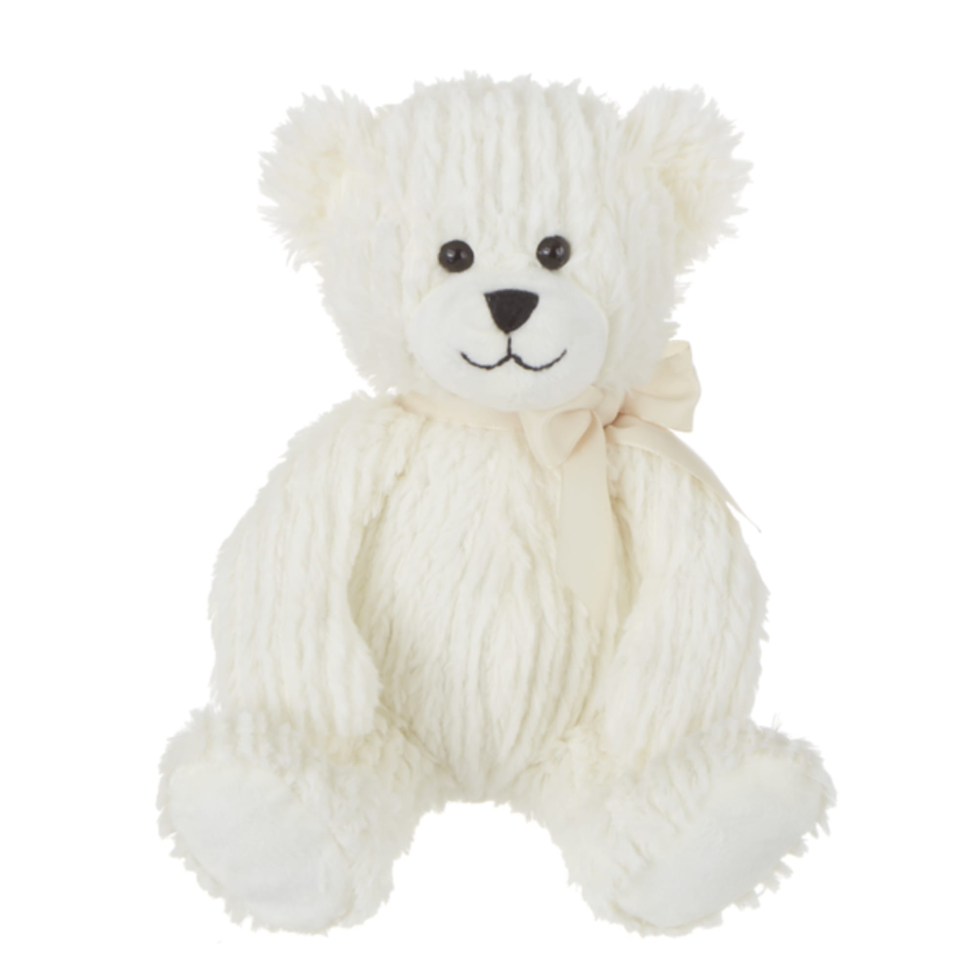 White teddy bear with a cream ribbon bow
