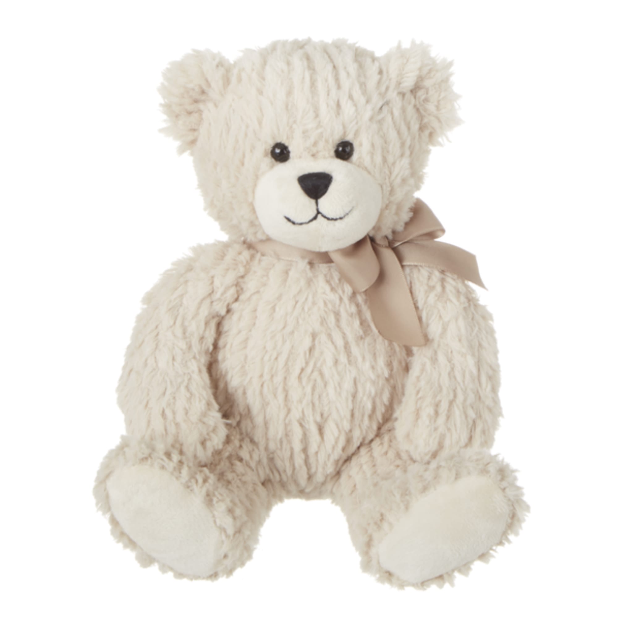 Cream teddy bear with a beige ribbon bow