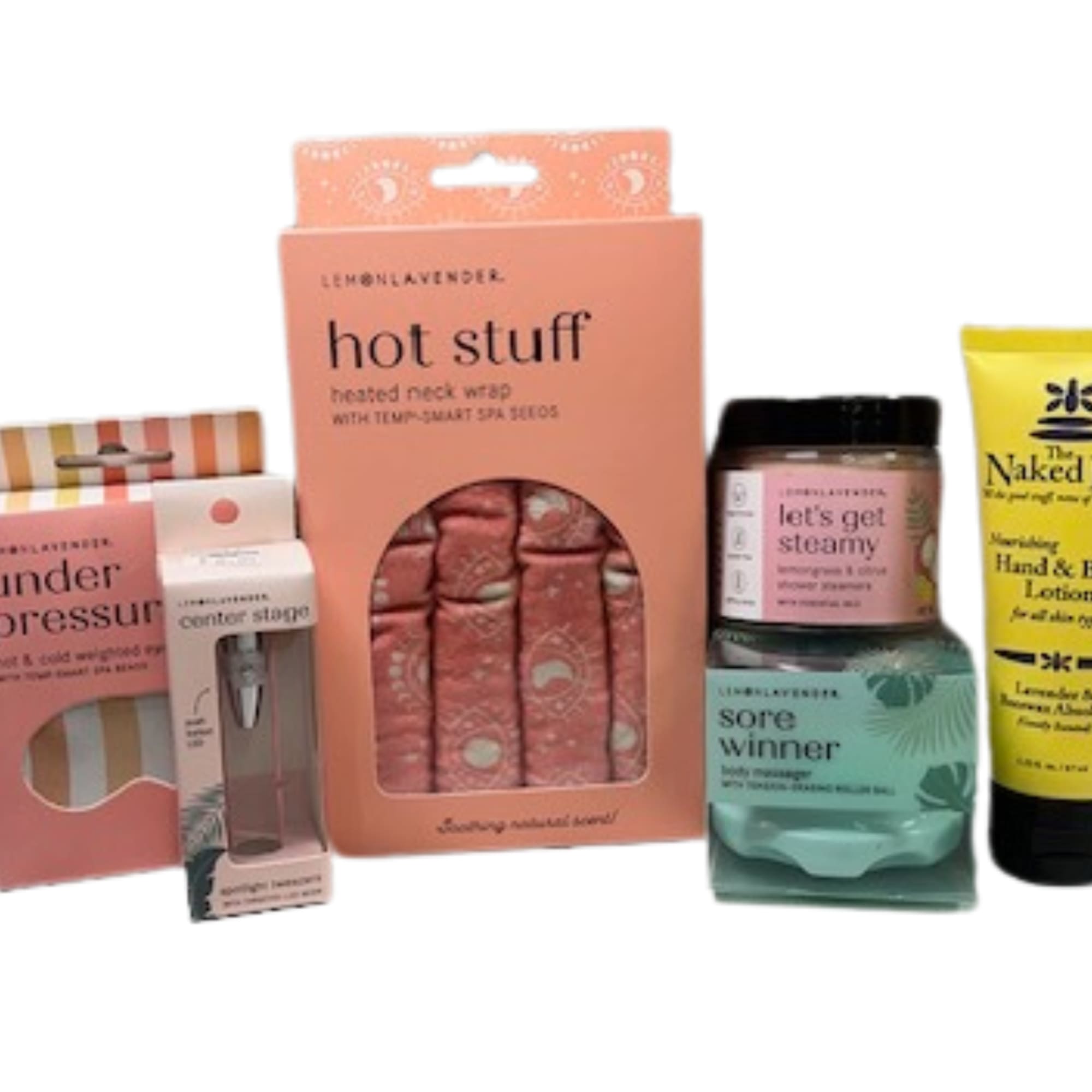 Assorted self-care gift set with lotions, a neck wrap, and a nail tool