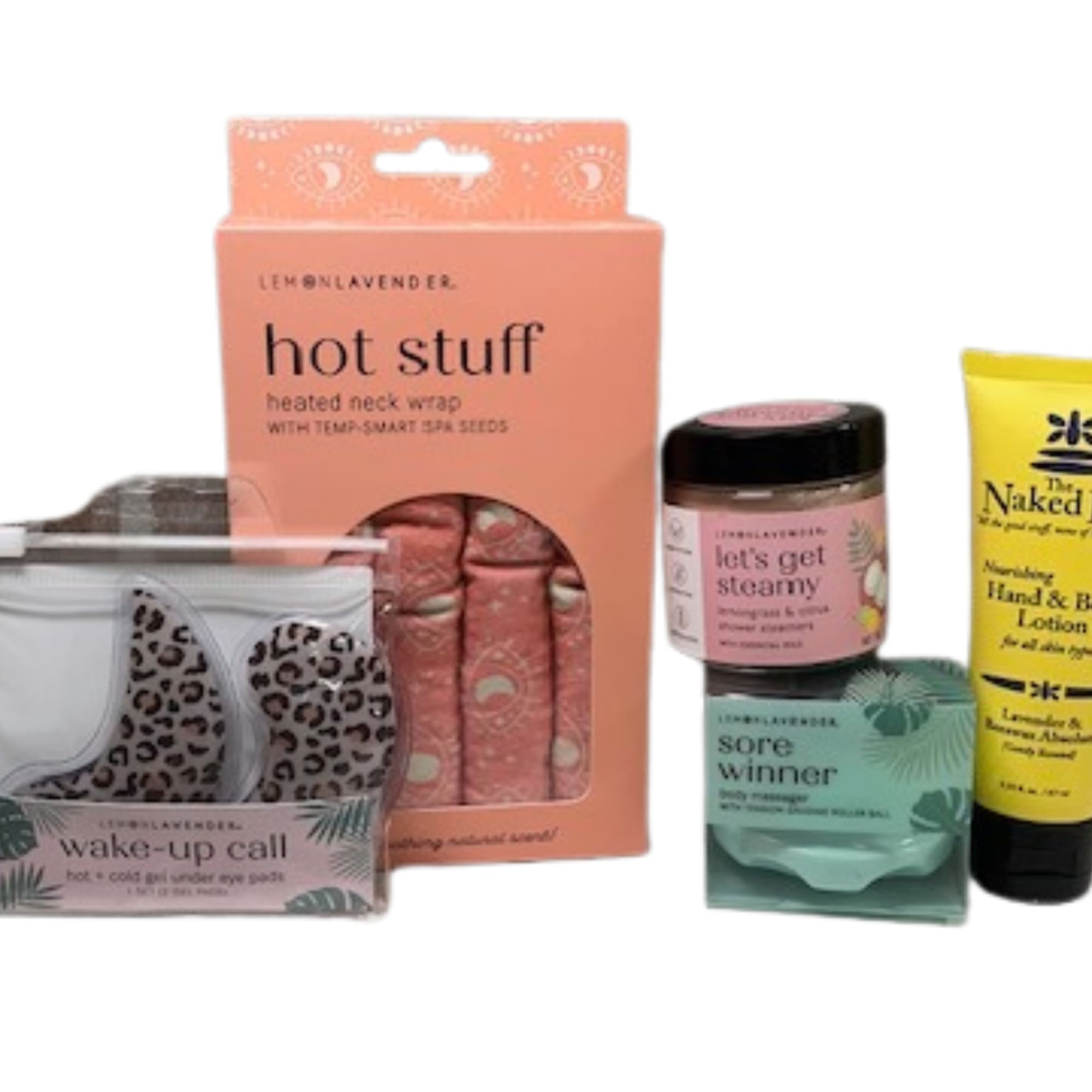 Assorted self-care gift set with lotion, masks, and a neck wrap