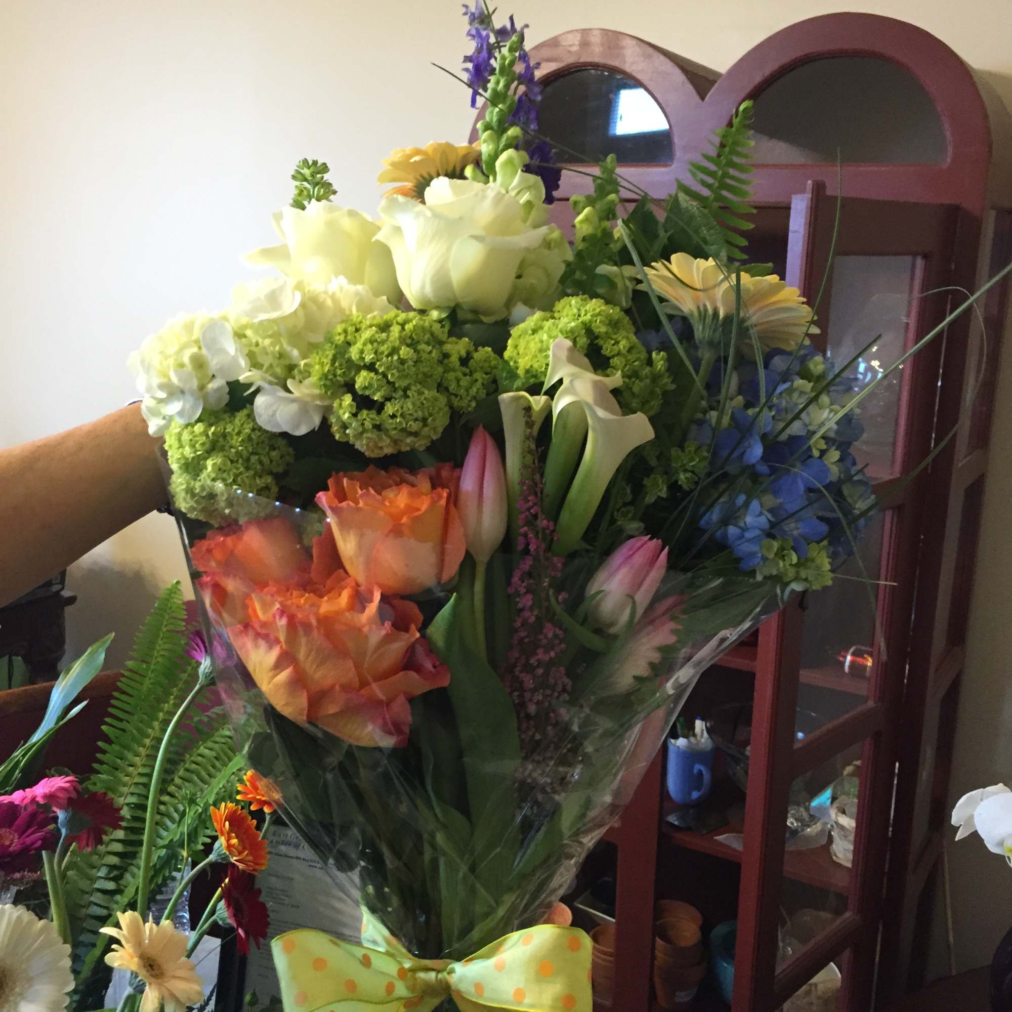 orange garden roses, mini gerbera daisies, green mini hydrangea