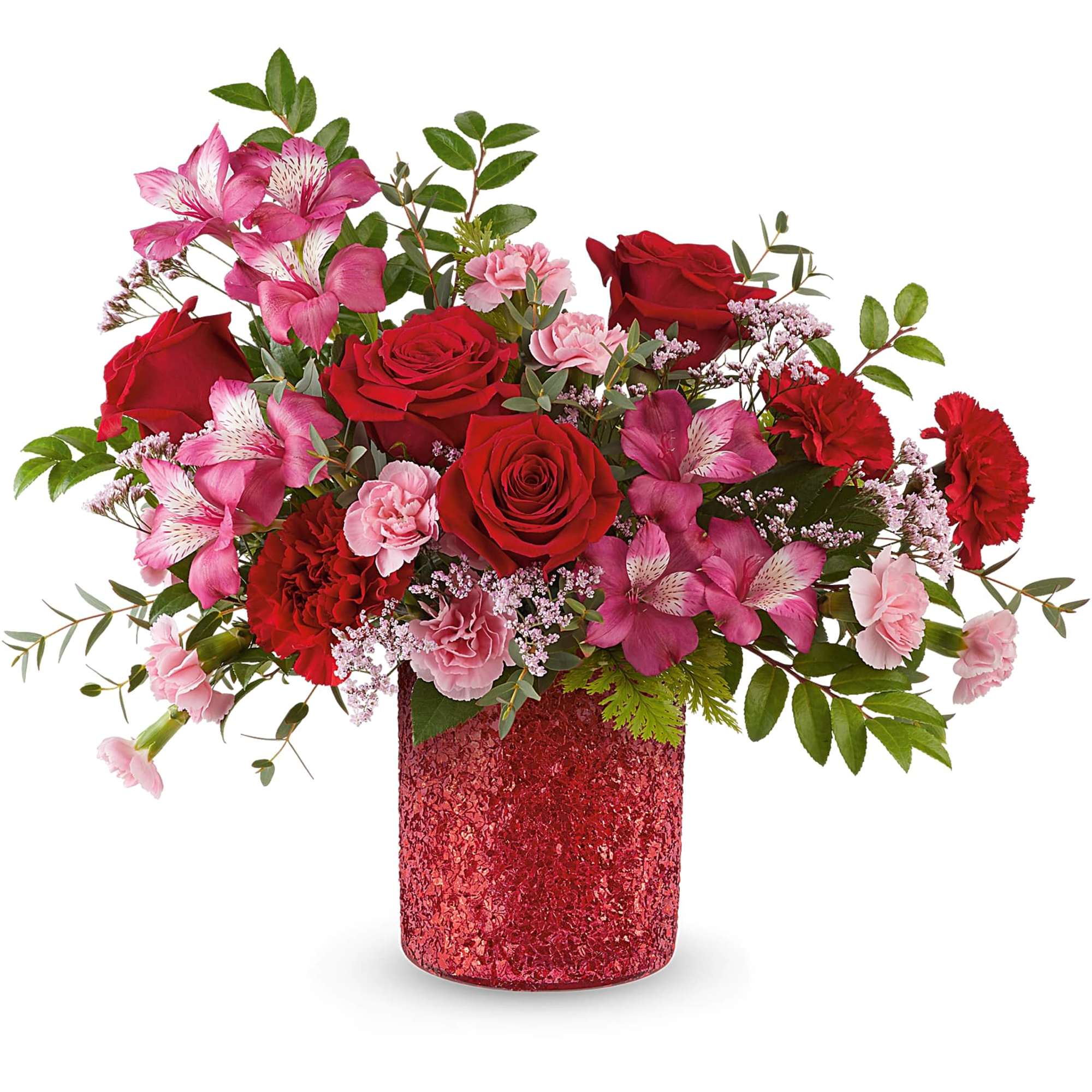 Bouquet of red roses, pink alstroemeria, and carnations in a red vase