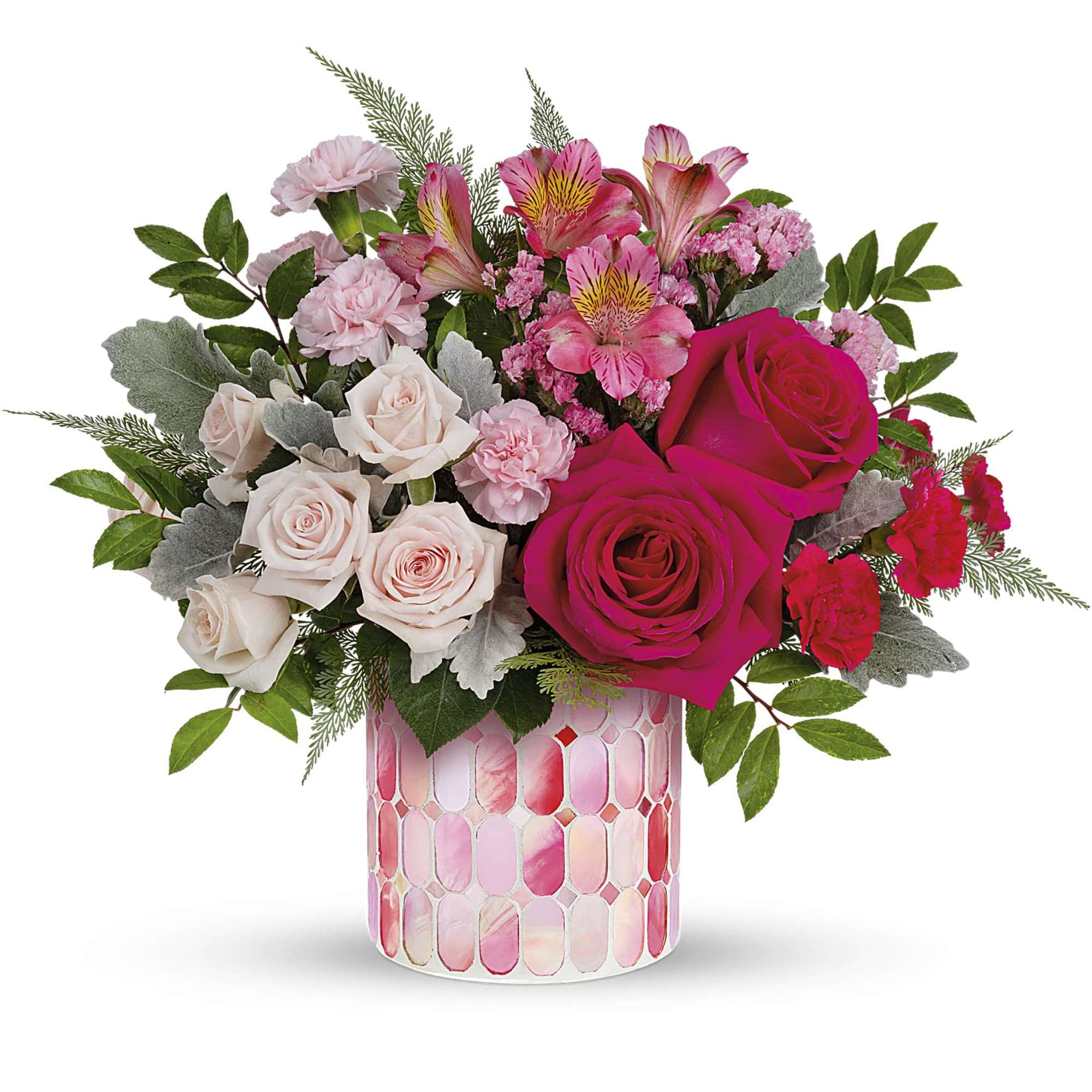 Pink and white mixed bouquet in a patterned glass vase