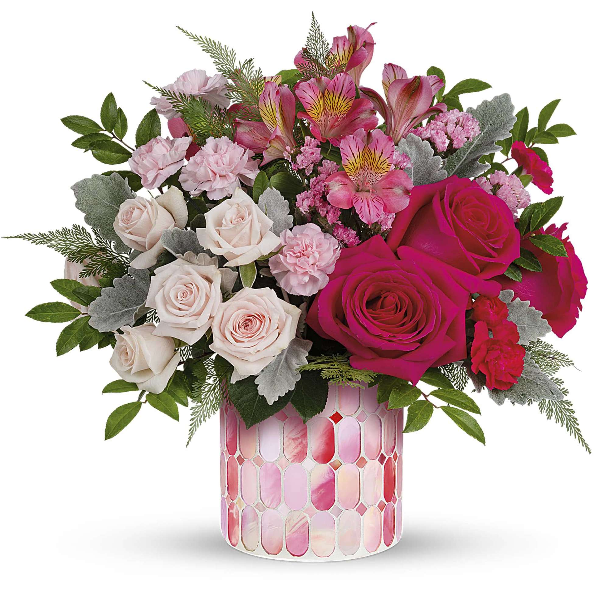 Pink and white rose bouquet in a pink mosaic vase