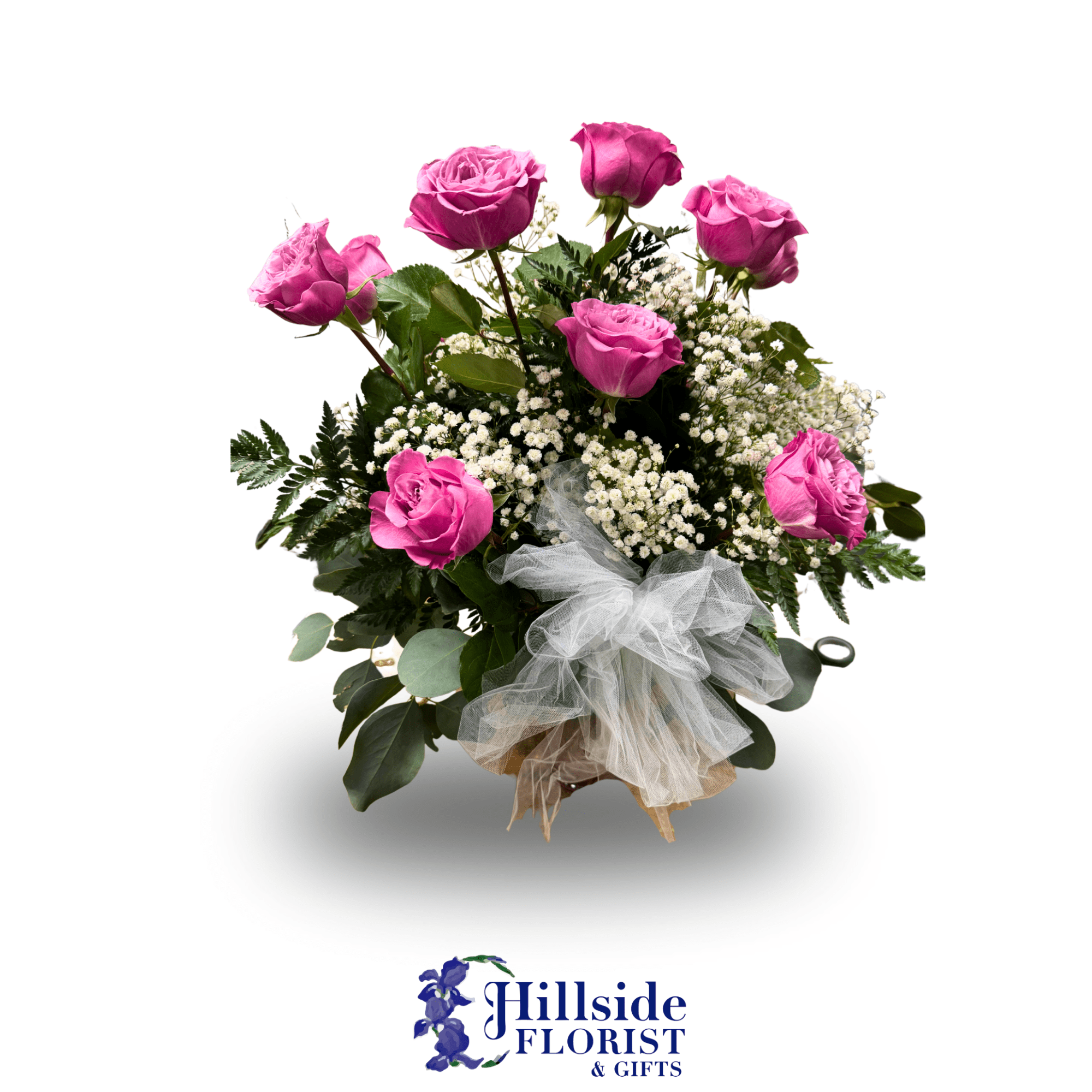 Pink roses with baby's breath and a tulle bow