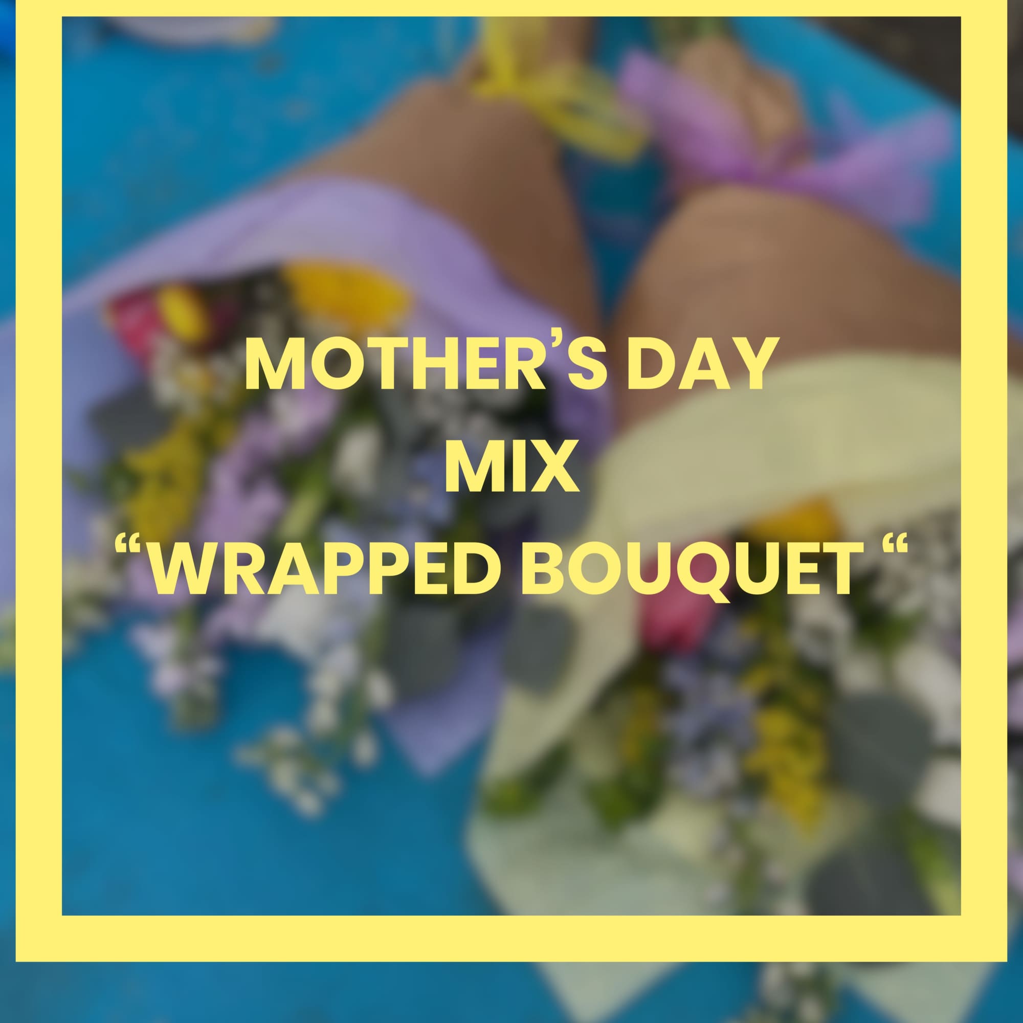 Colorful mixed flower bouquets wrapped in pastel paper on a blue surface with text overlay.