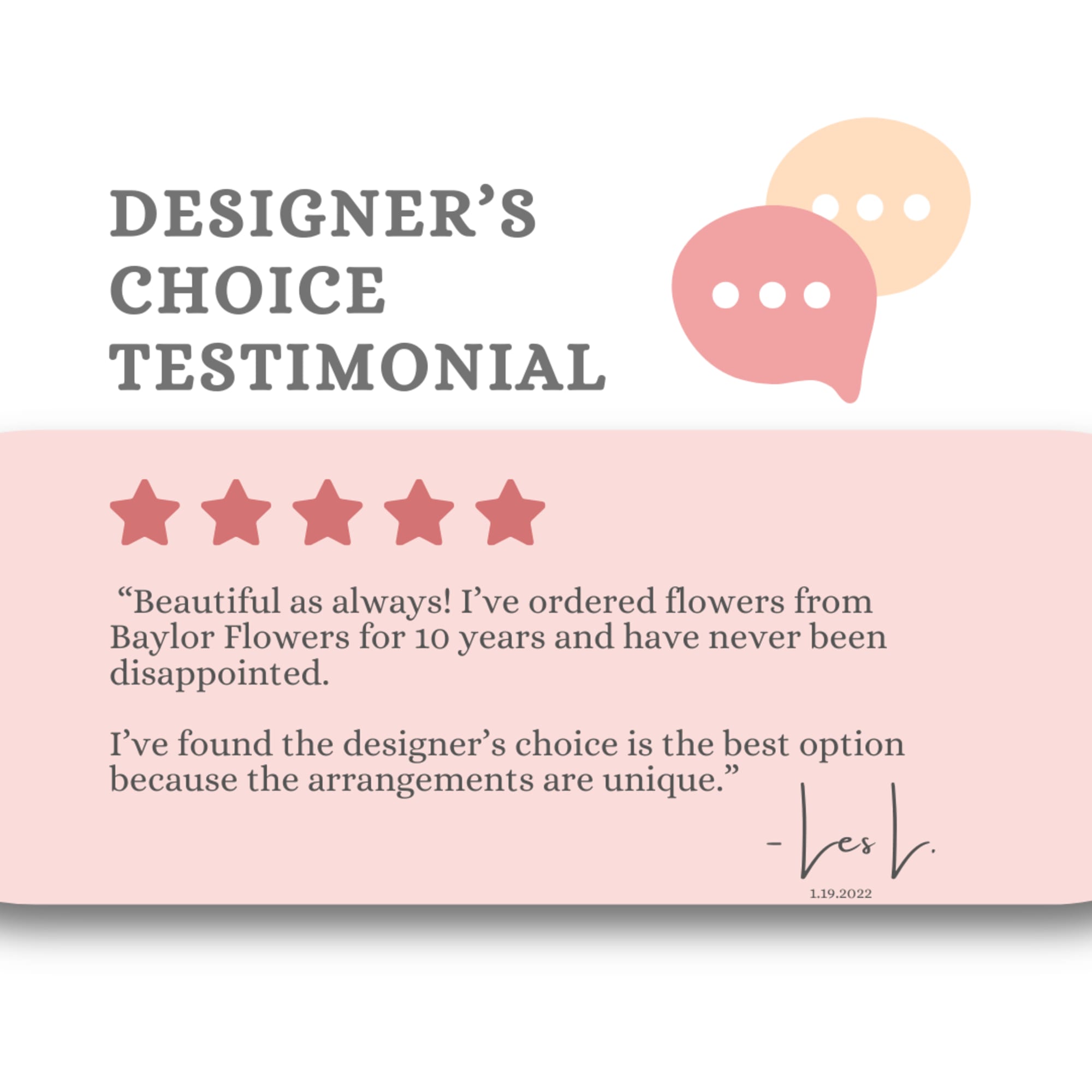Designer’s choice testimonial graphic with five stars and a quote