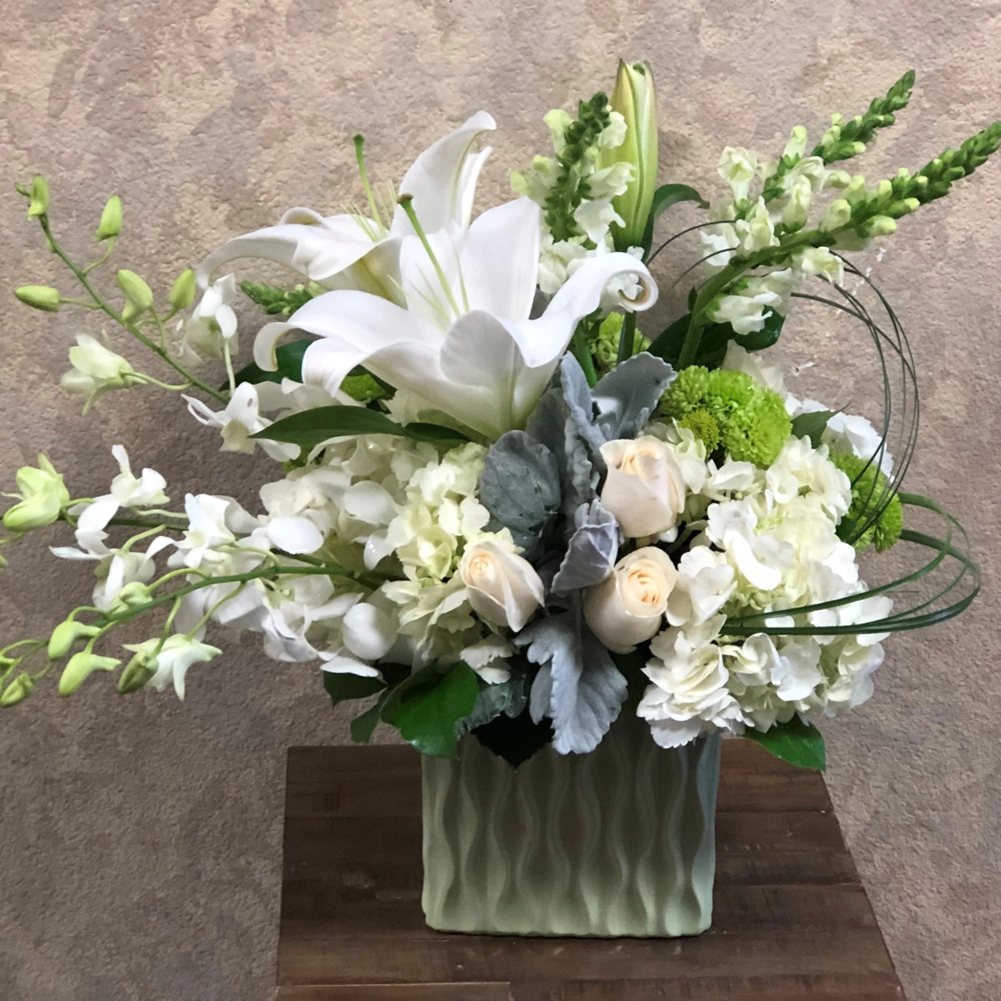 Recipe: White Hydrangea, White Roses, White Asiatic Lillies, White Phalaenopsis Orchids, Green