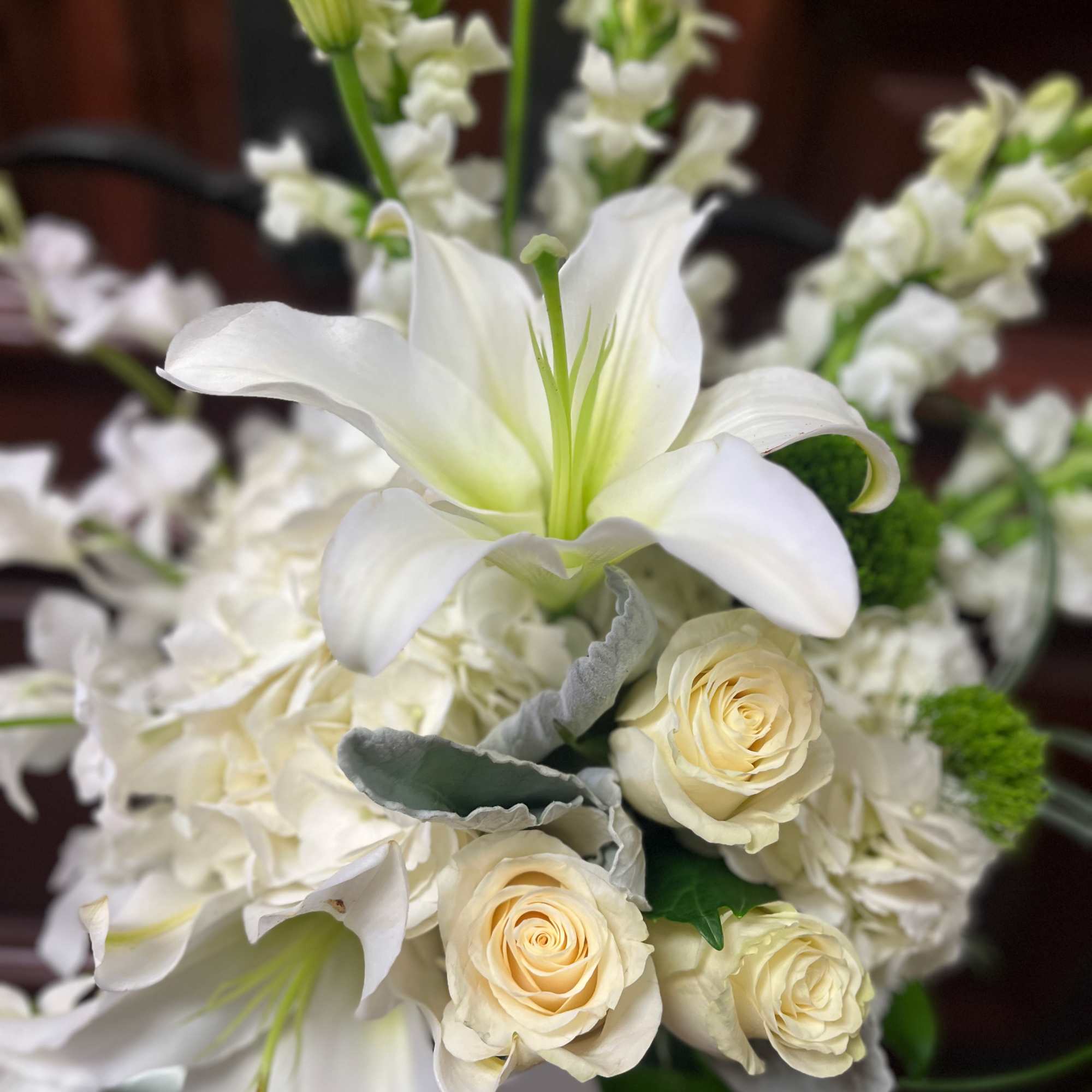 Recipe: White Hydrangea, White Roses, White Asiatic Lillies, White Phalaenopsis Orchids, Green