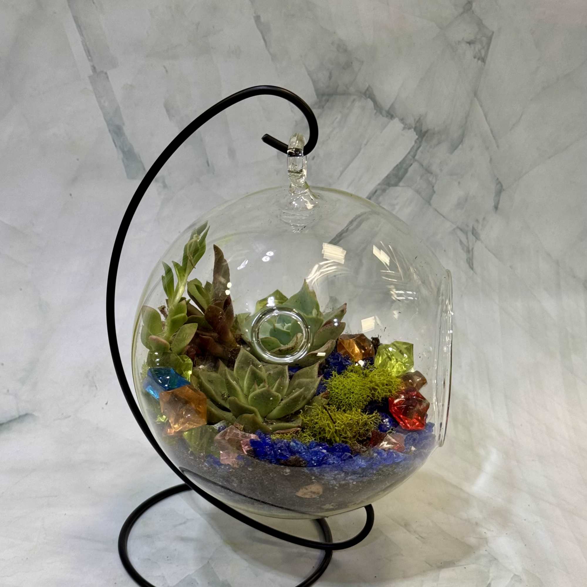 Glass hanging terrarium with succulents and colorful stones on a black metal stand