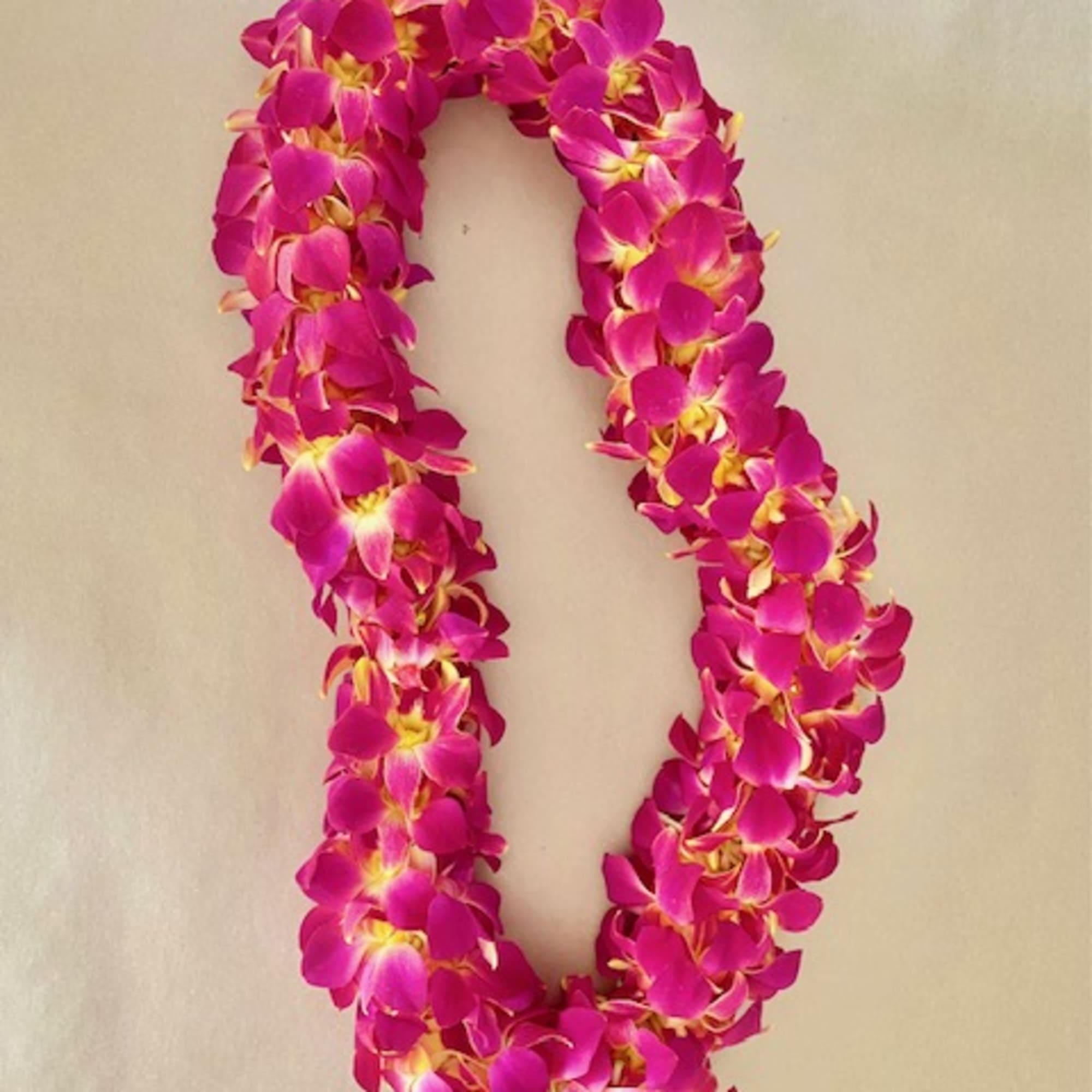 Pink orchid lei on a light background