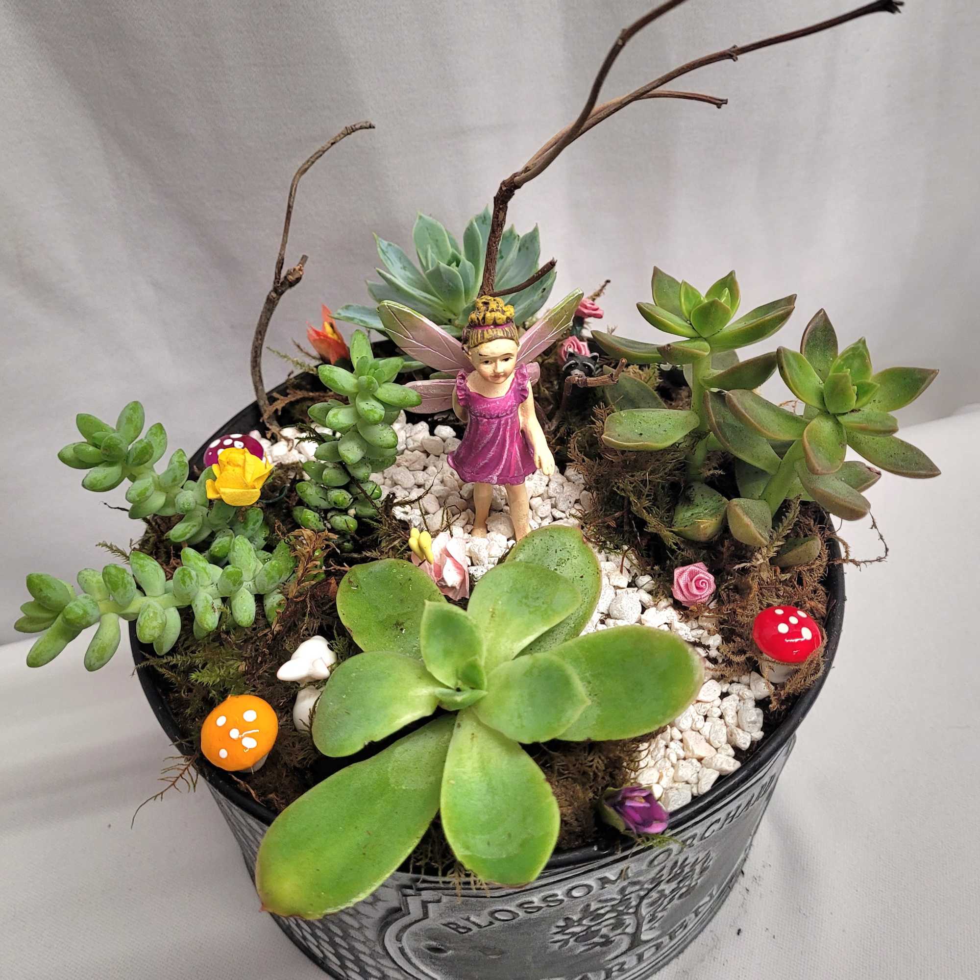 Succulent arrangement in a metal pot with a small fairy figurine