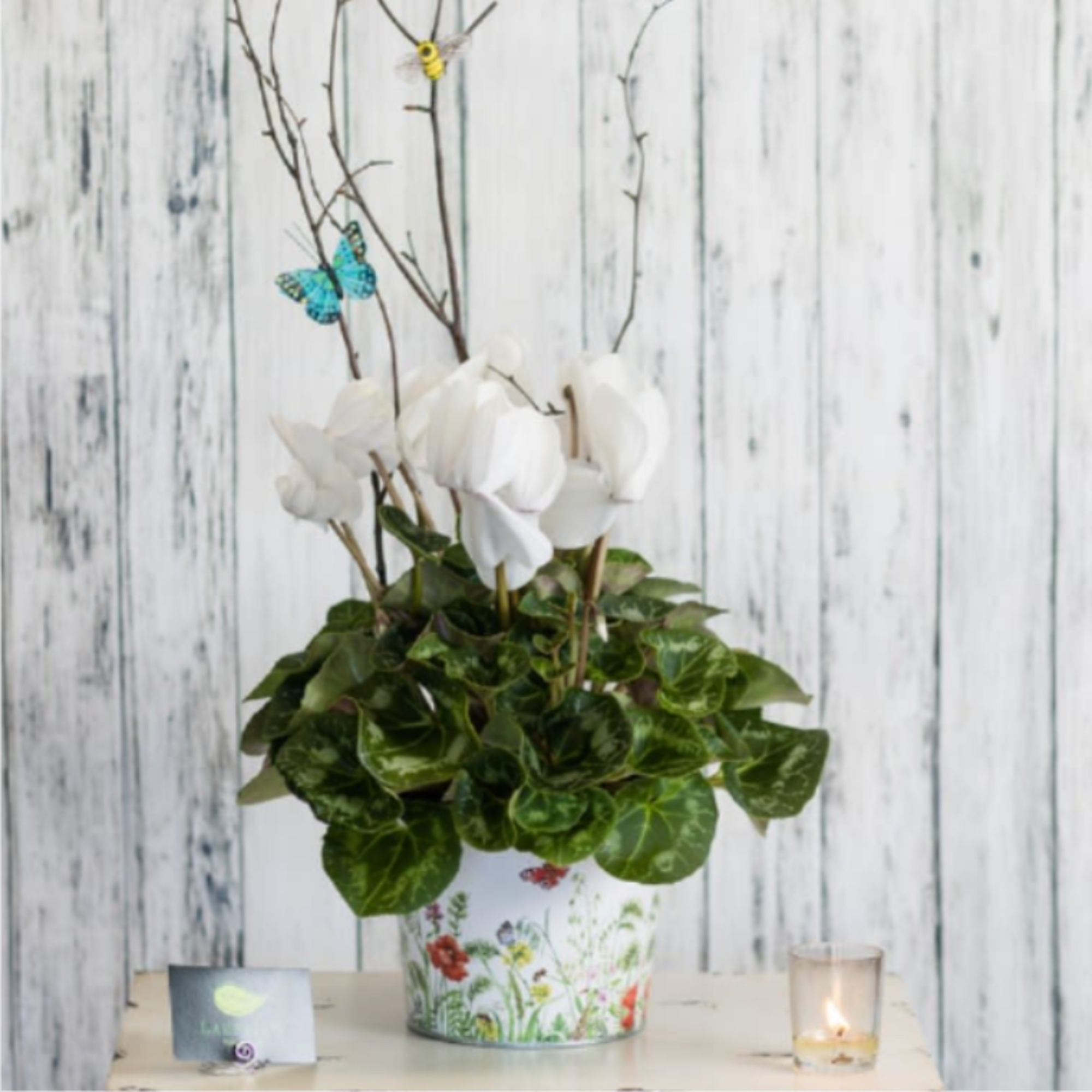 White flowers in a floral tin with green foliage and butterfly picks