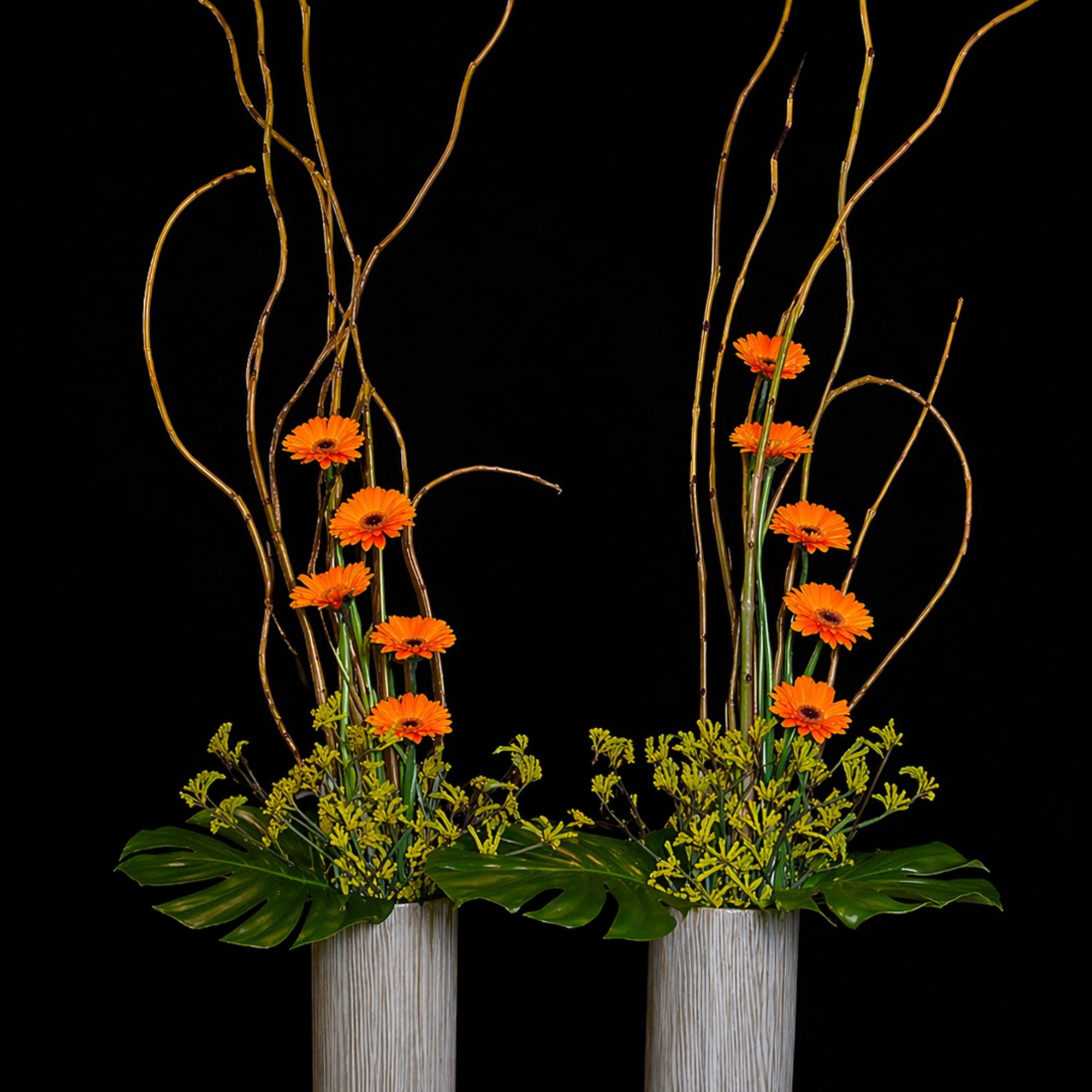 Bright orange gerbera daisies reach upward in a bold, modern display-an airy