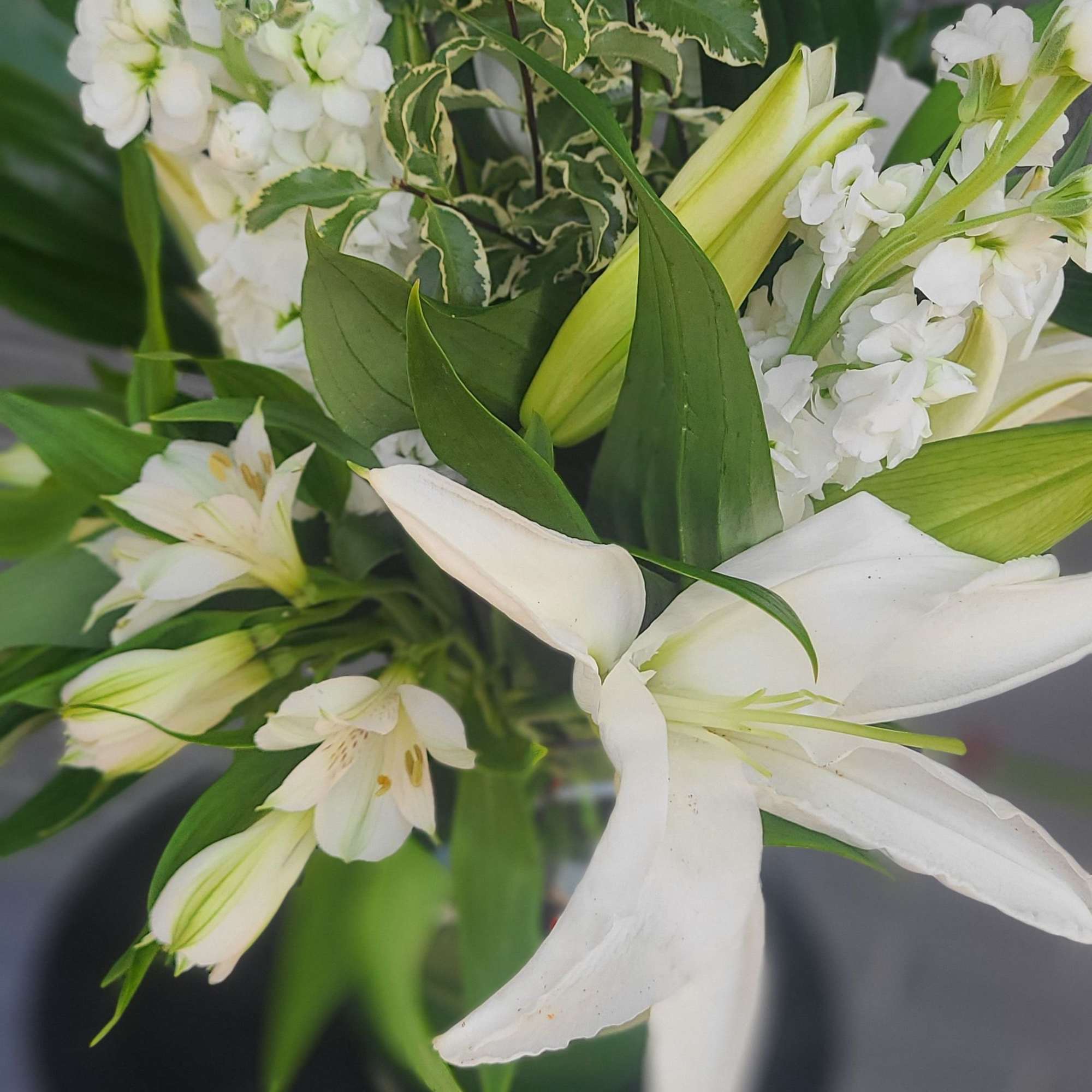 Pure white lilies take center stage in this elegant white-and-green bouquet, a