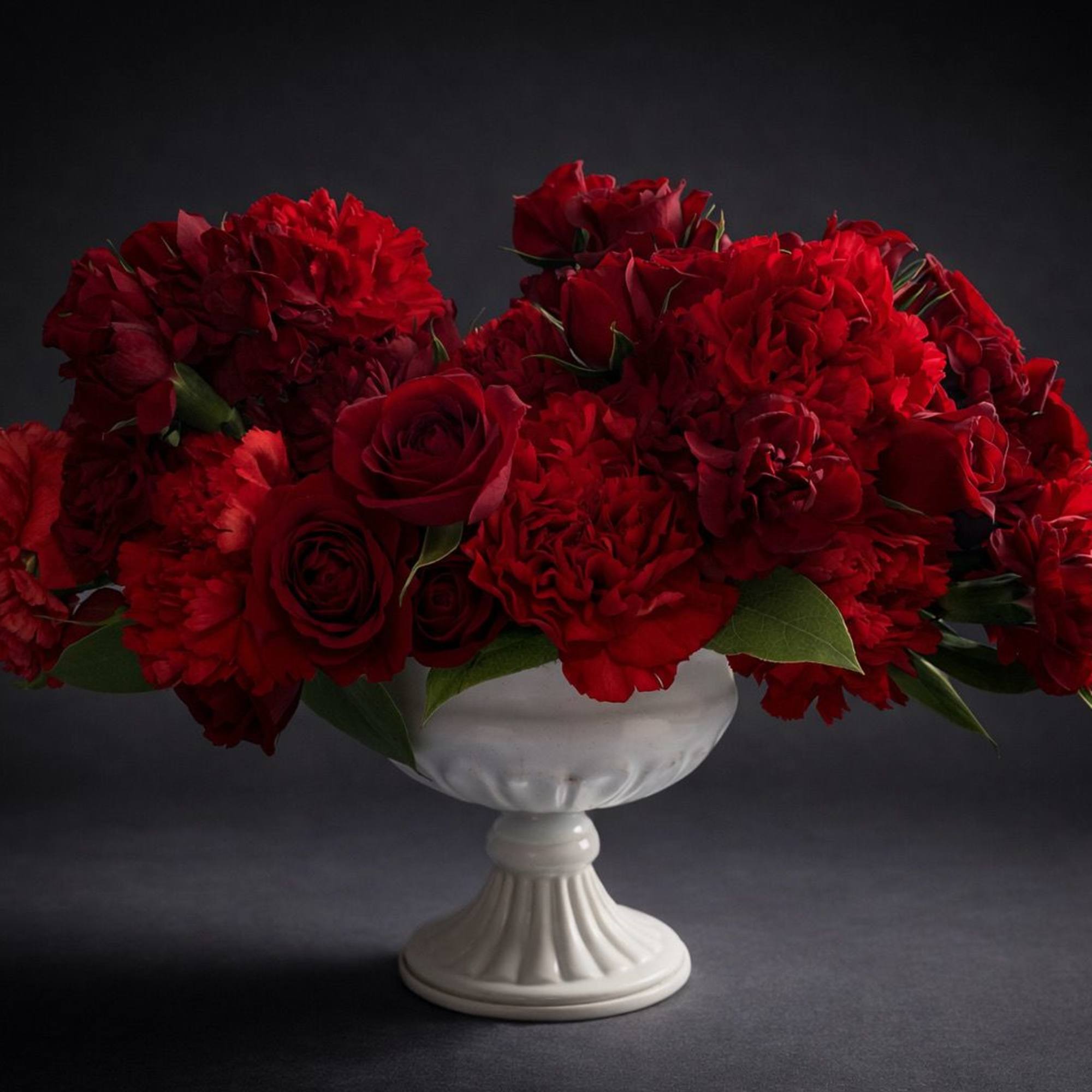 Red roses and carnations arranged in a white pedestal vase