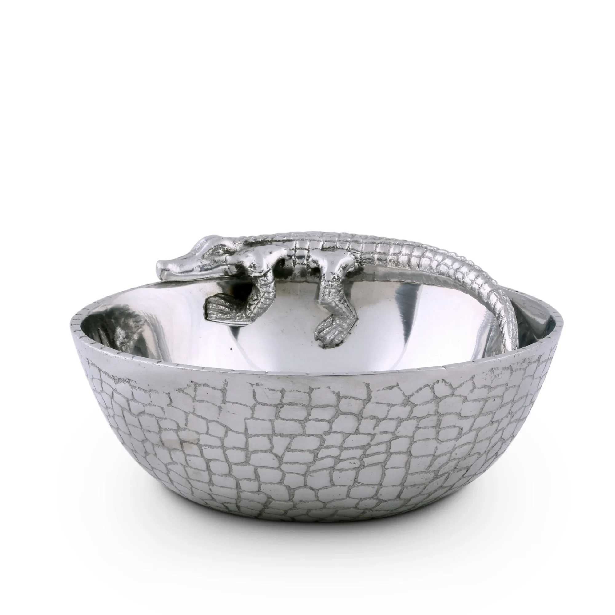 Silver bowl with a crocodile-shaped handle on top