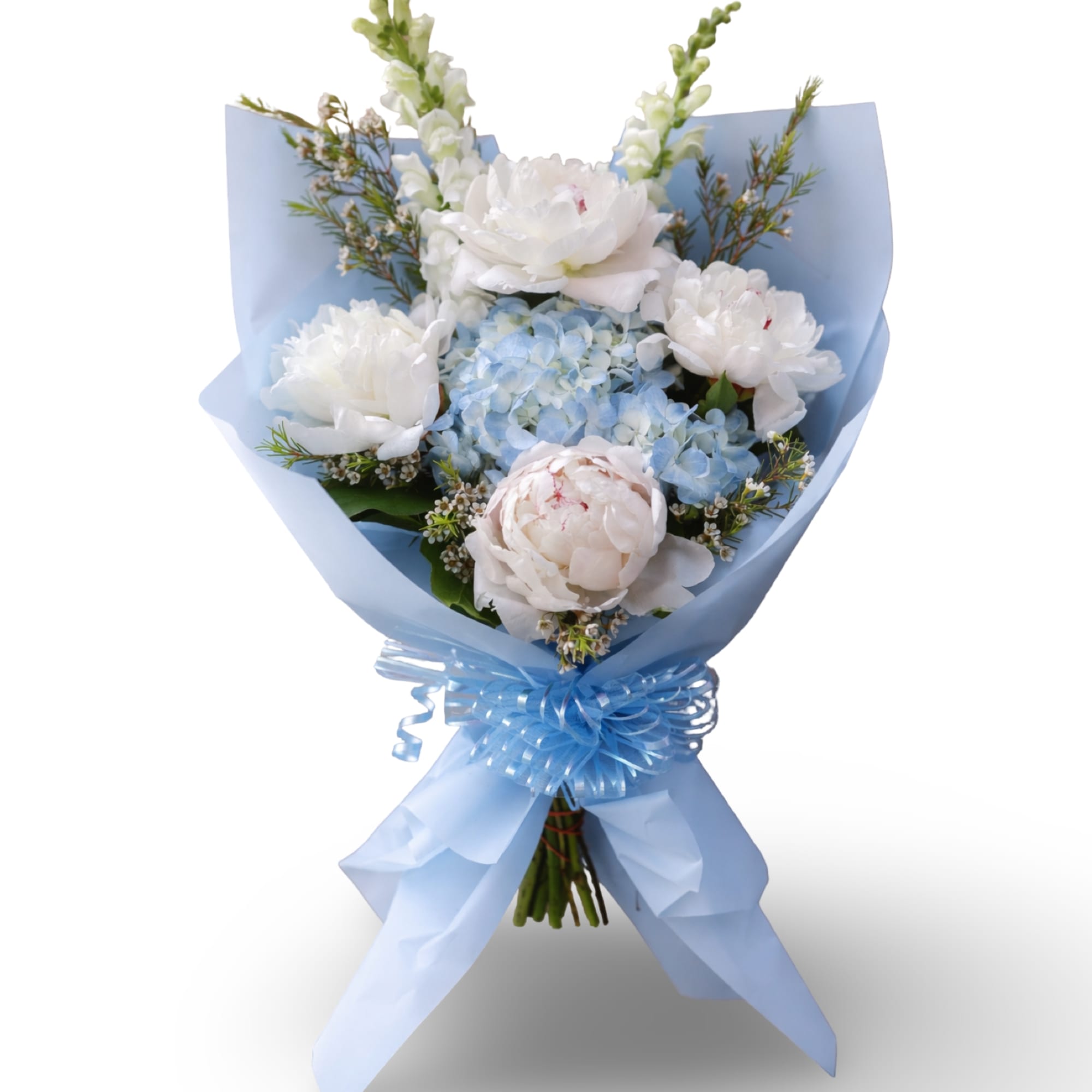 A soft and elegant hand-wrapped bouquet inspired by Columbia University, featuring delicate