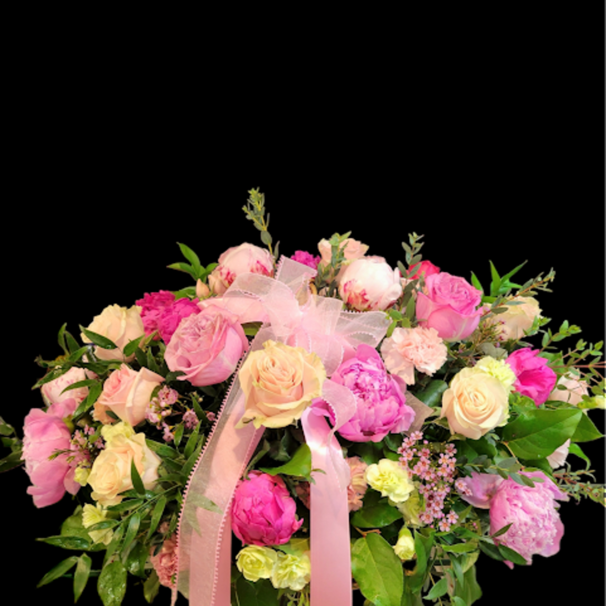 Pink and peach rose bouquet with ribbon