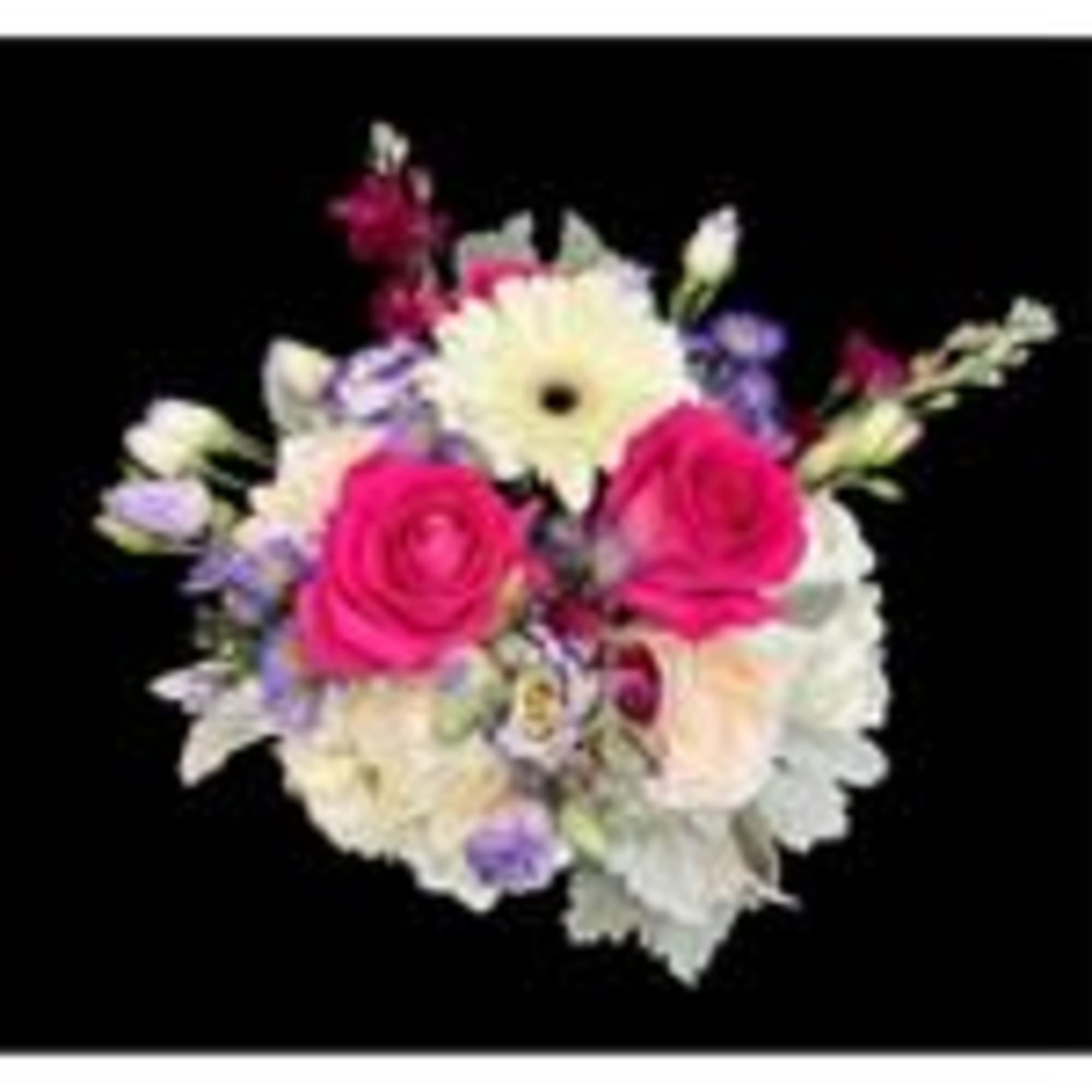 Bouquet of pink roses, white daisy-like flowers, and purple blooms