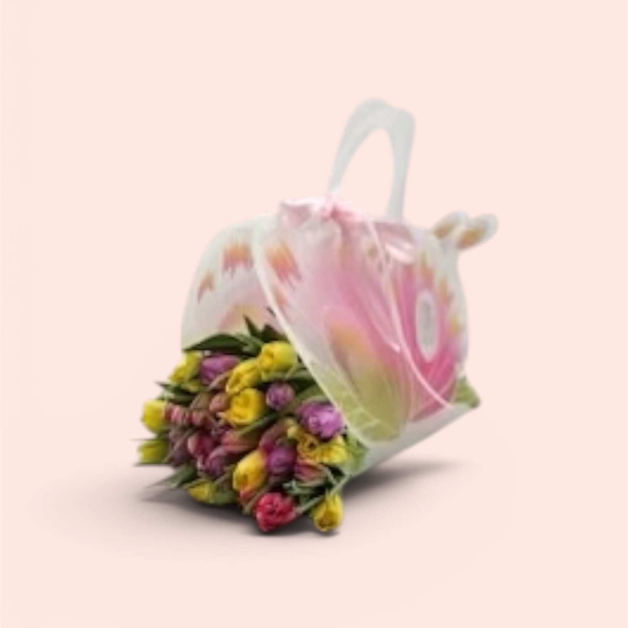 A cheerful cluster of tulips in bright pinks, sunny yellow, soft purple