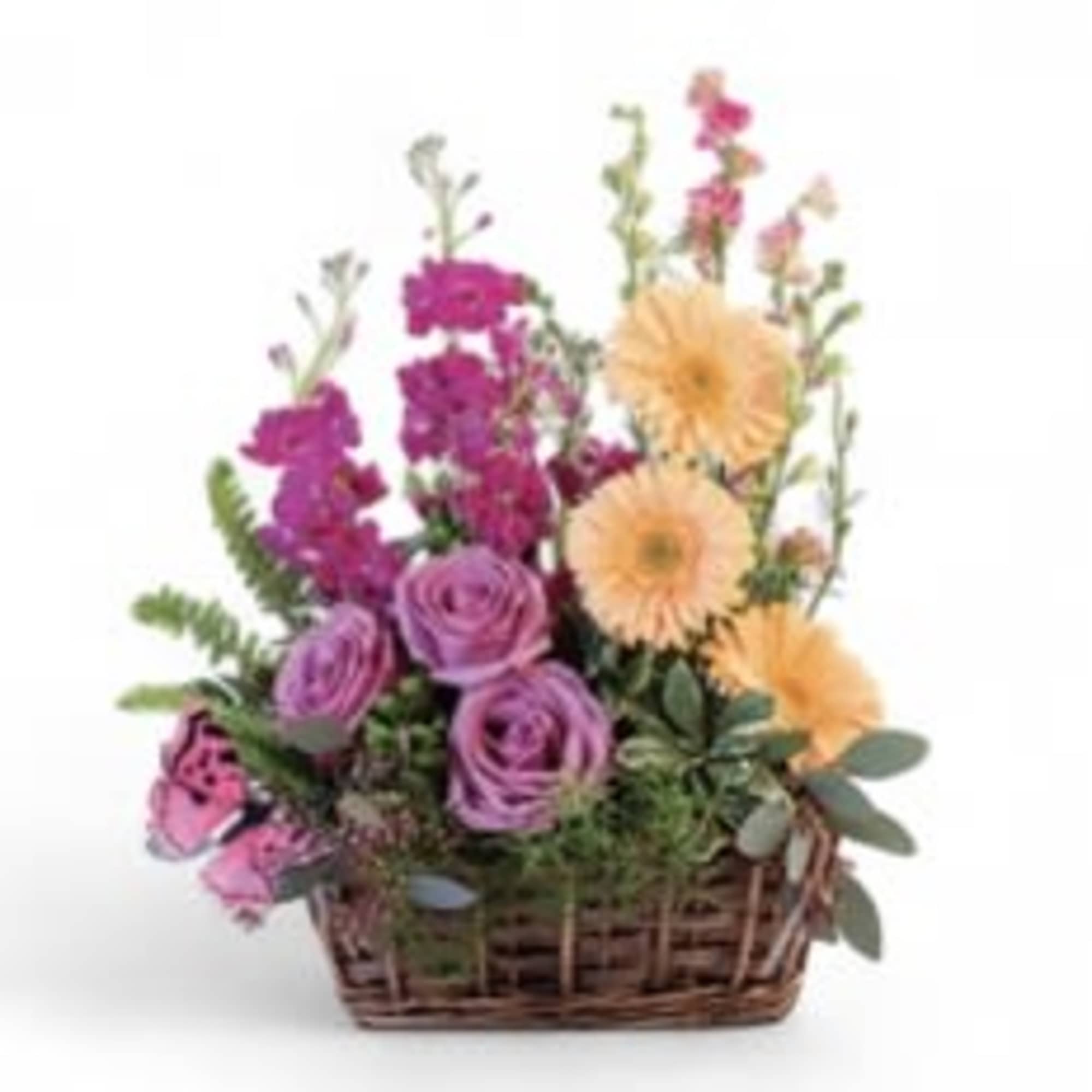Bring home some warmth with this beautiful design! Peach gerberas, lavender roses