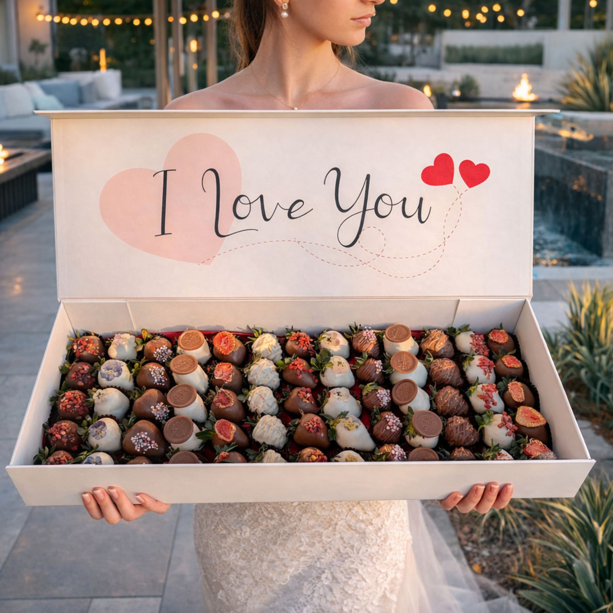 Woman holding a gift box of chocolate-covered strawberries with an "I Love You" lid