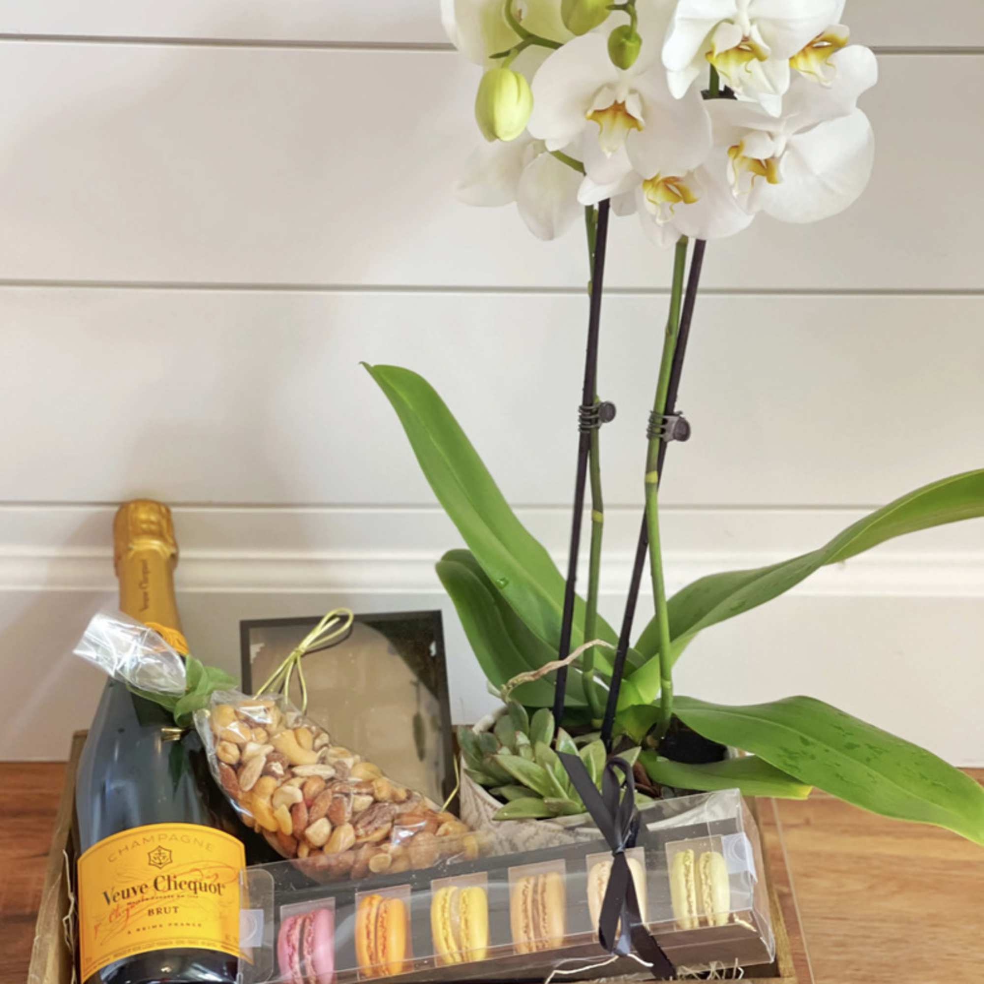 White orchid plant in a wooden gift crate with champagne, chocolates, and macarons