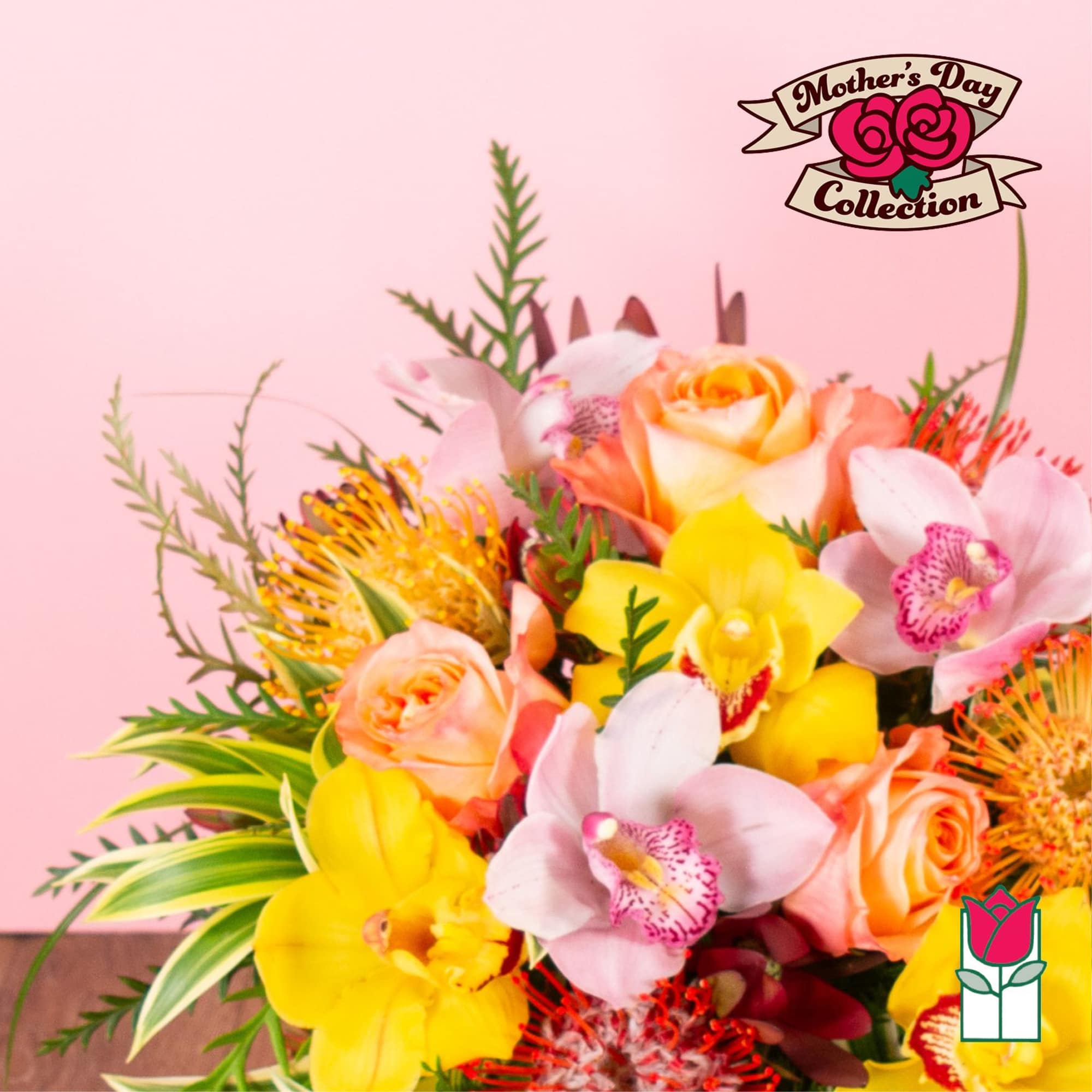 Bright bouquet of yellow and pink orchids, peach roses, and protea against a pink background