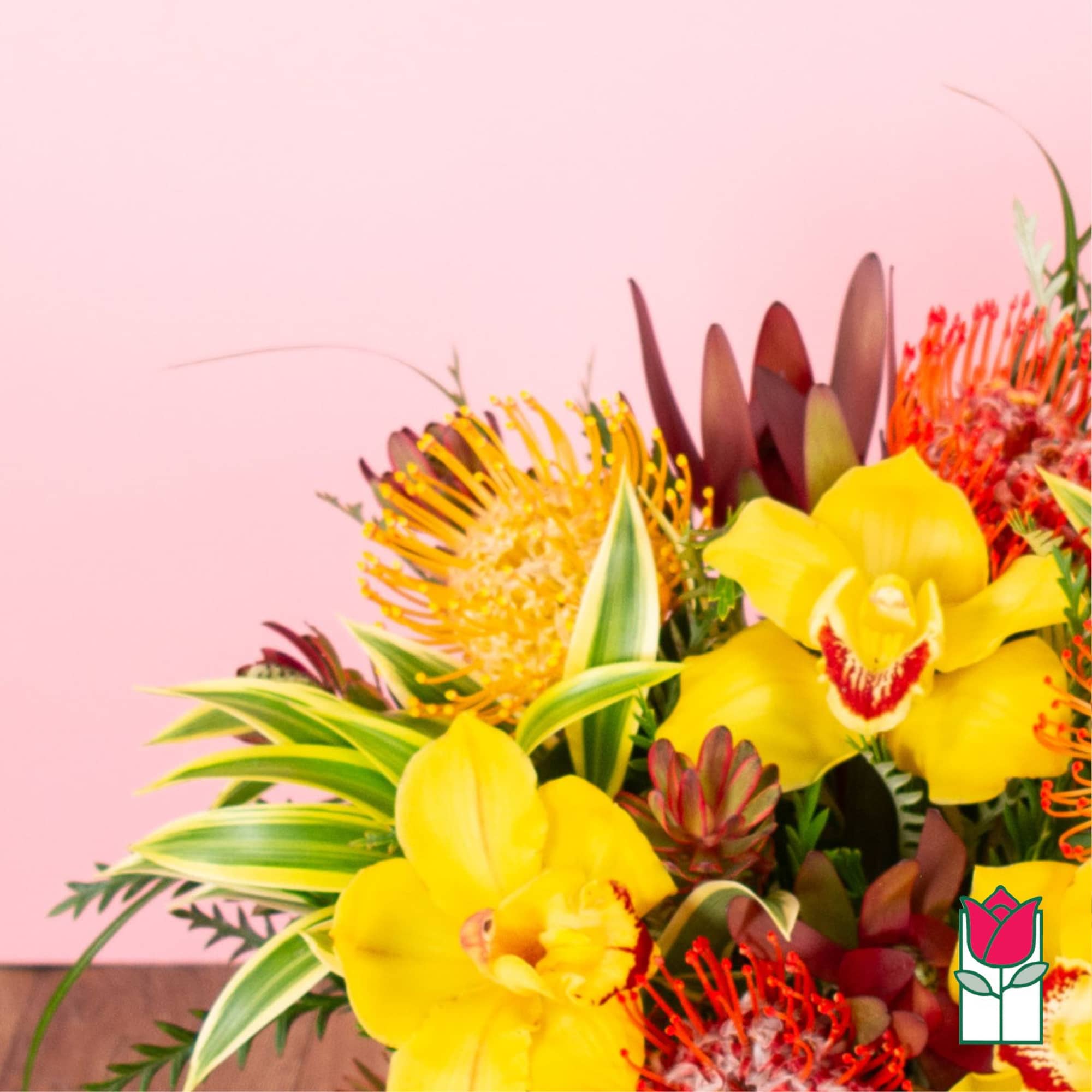 Bright tropical bouquet with yellow orchids and orange protea against a pink backdrop