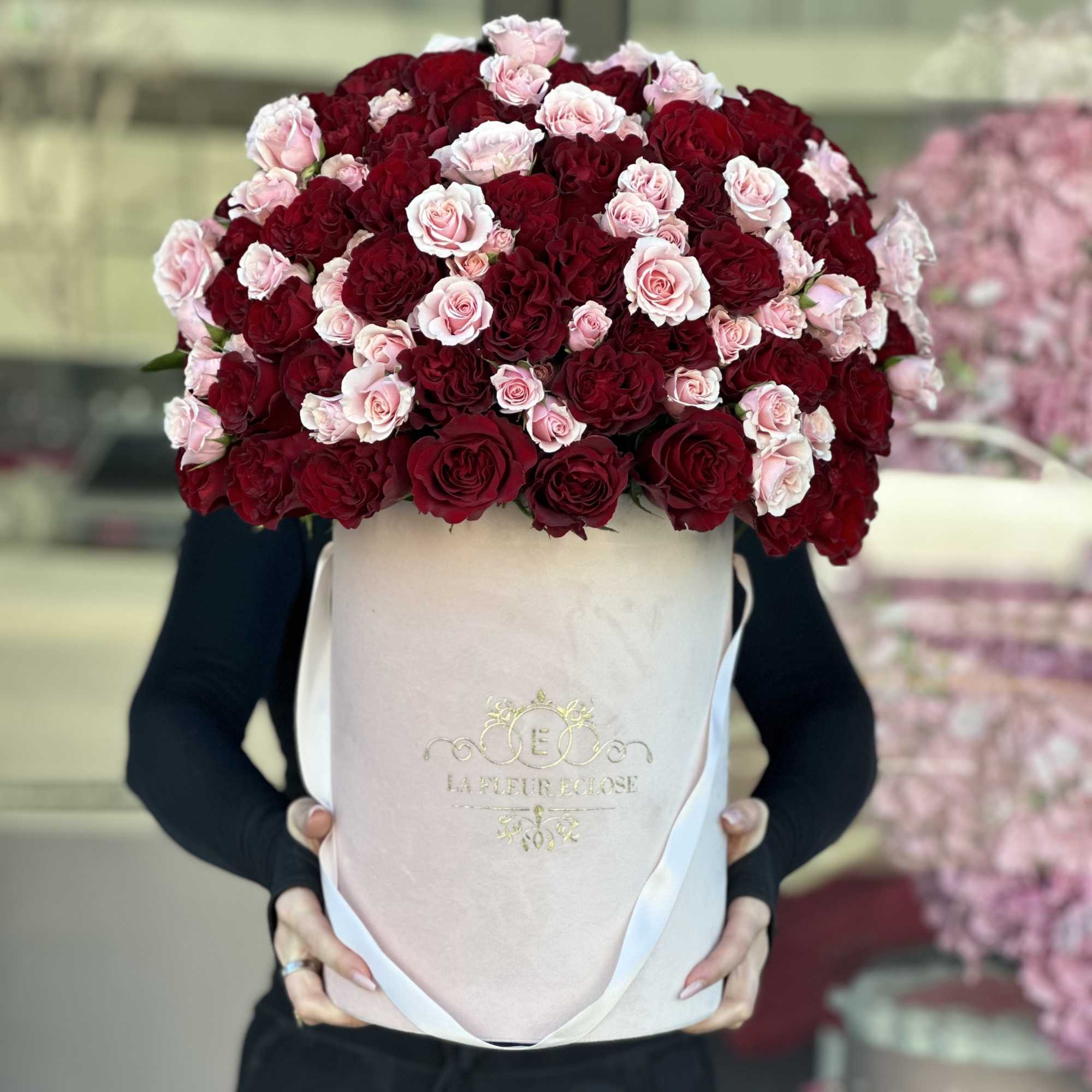 Standard-50 Heart shape Roses with spray rose additions
Deluxe- 75 Heart shape roses