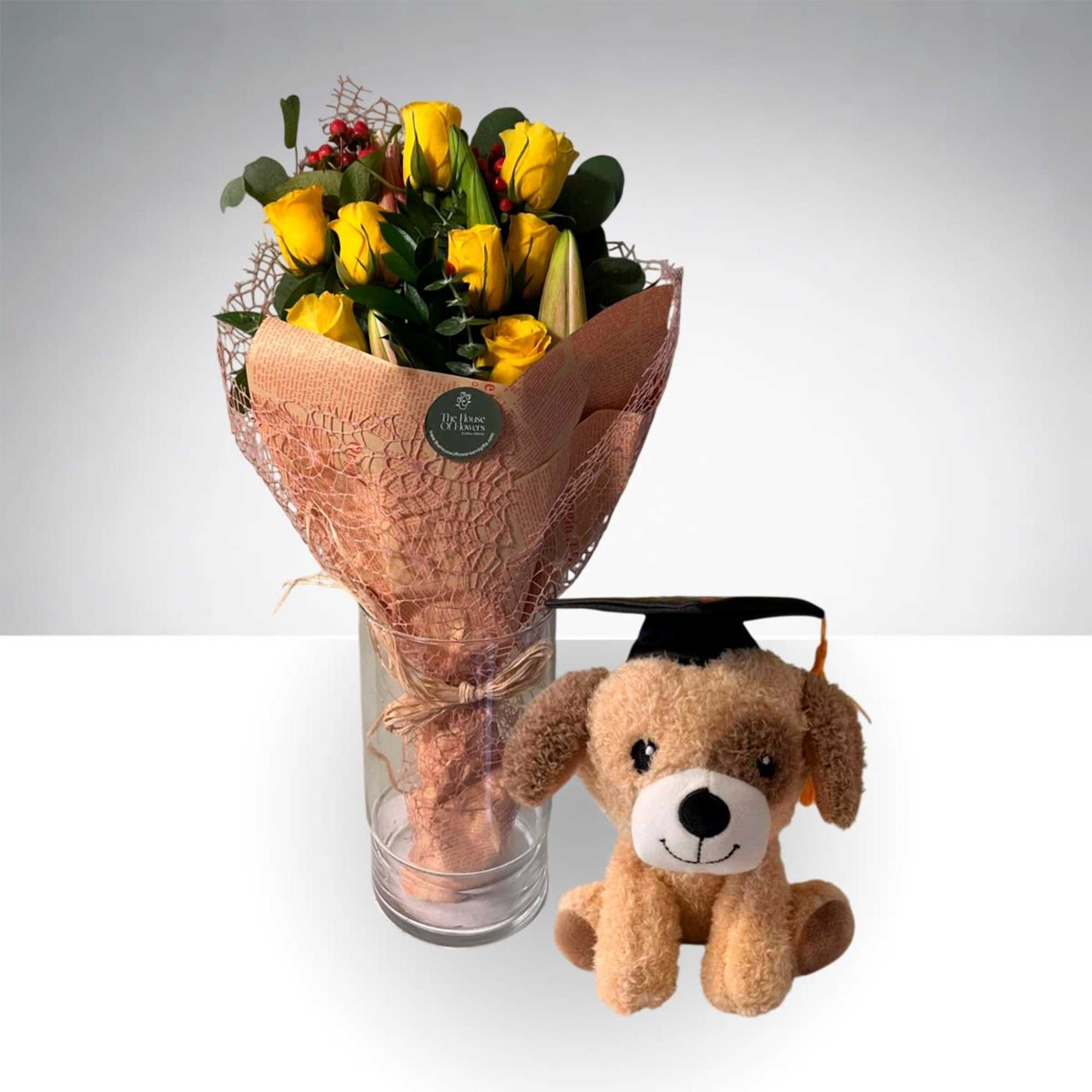 Celebrate their achievement with our Golden Graduation Rose Bouquet &amp; Teddy, a