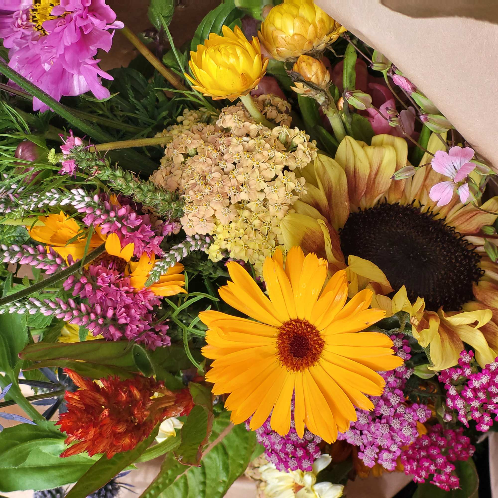 Mixed bouquet with sunflowers and bright pink blooms wrapped in brown paper