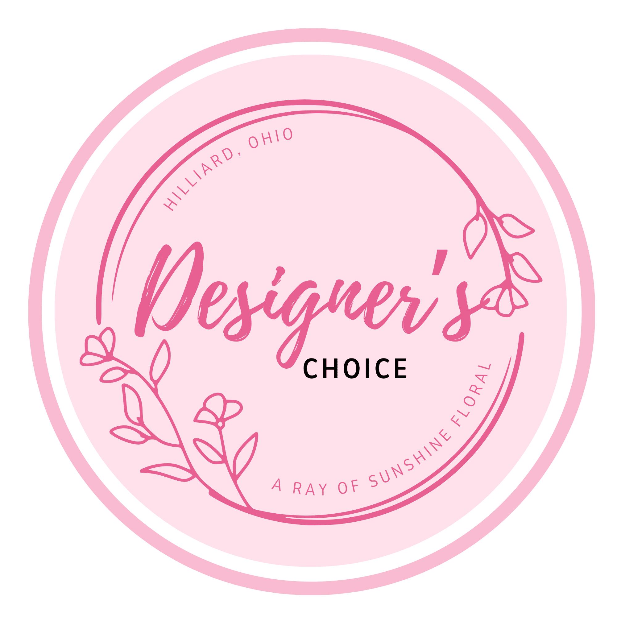 Round pink 'Designer’s Choice' logo with simple line art flowers and text.