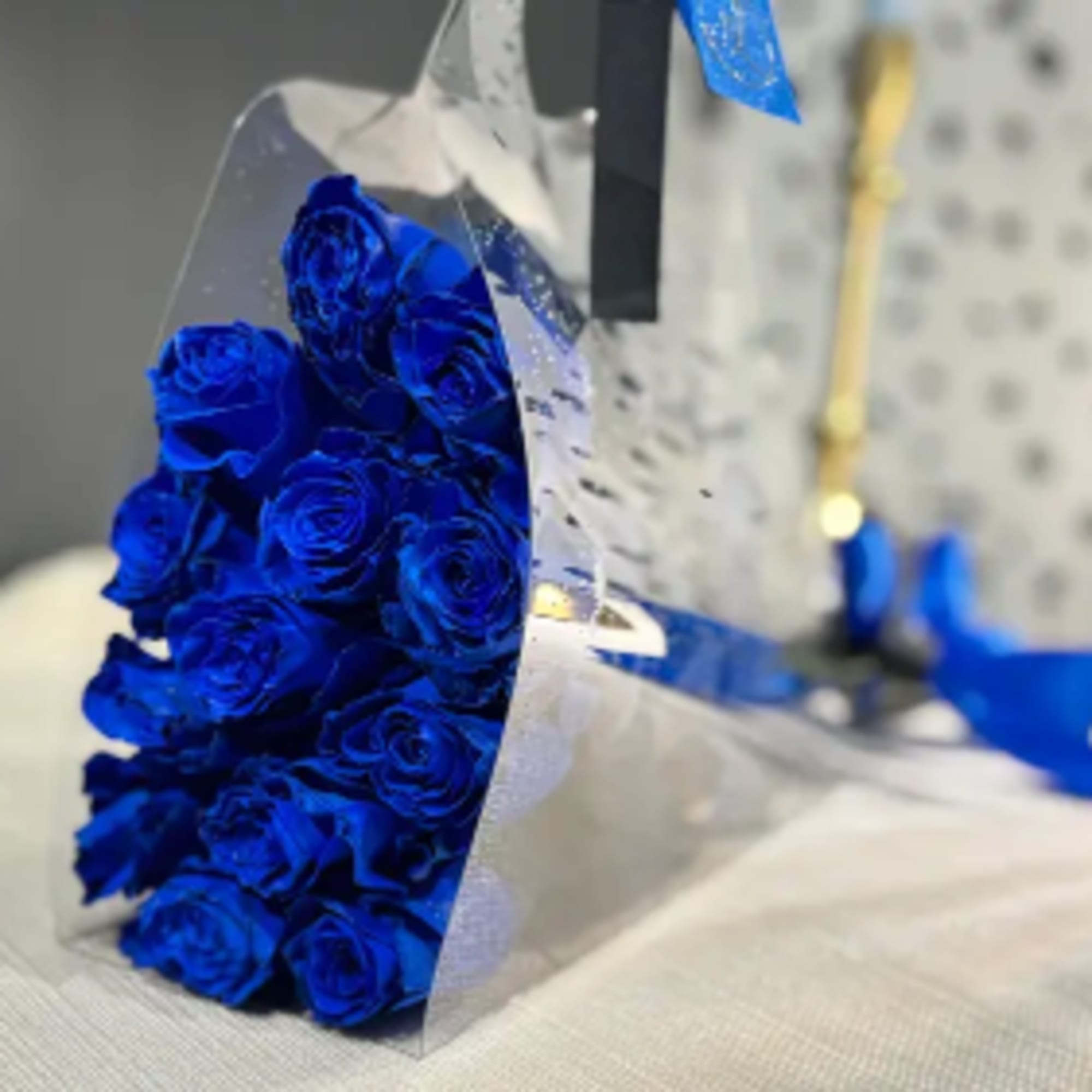 A stunning bouquet of blue roses, designed to stand out with its