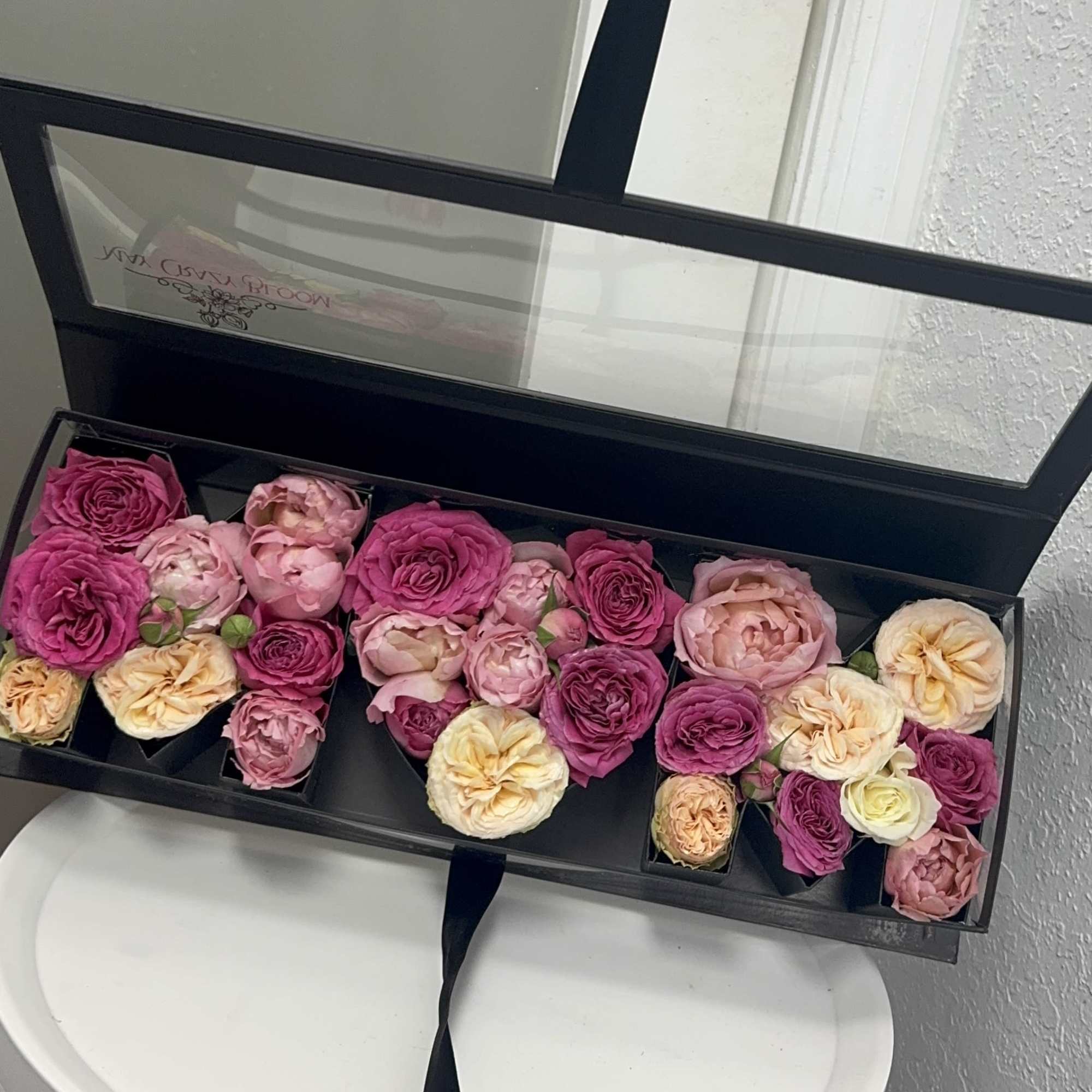 A colorful box with the word Mom 