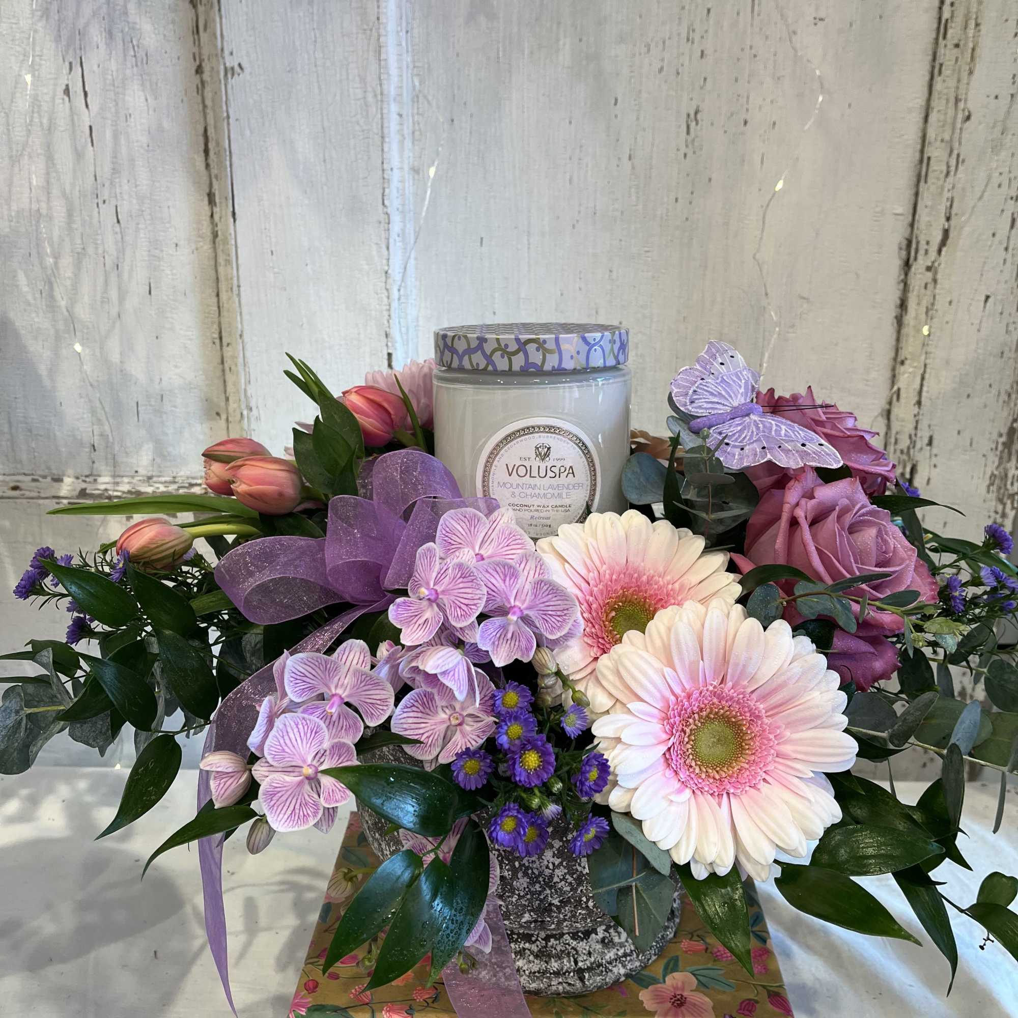 Stone Compote featuring an 18 ounce Mountain Lavender &amp; Chamomile Voluspa candle.