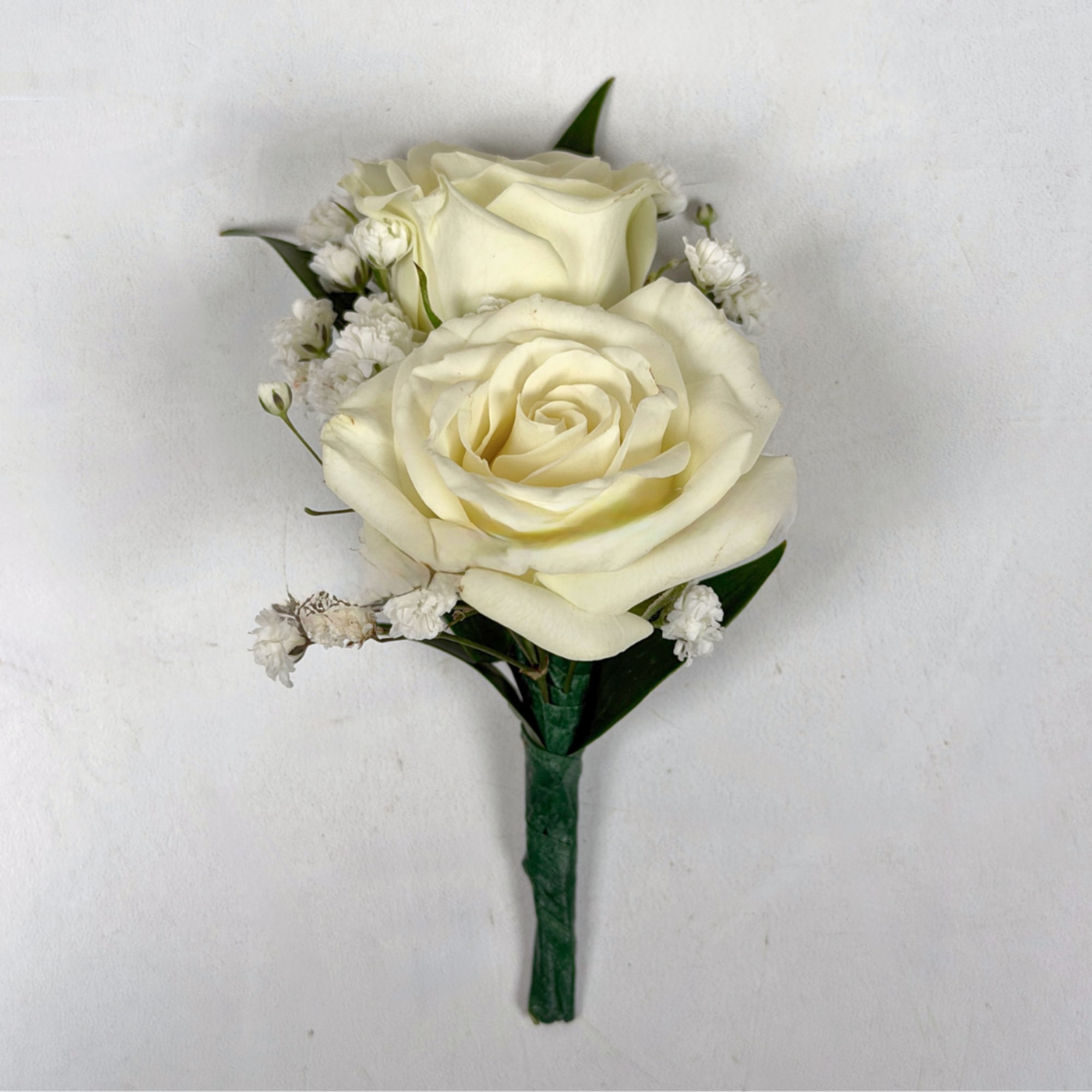 Two ivory-white spray roses are clustered tightly together in this white spray