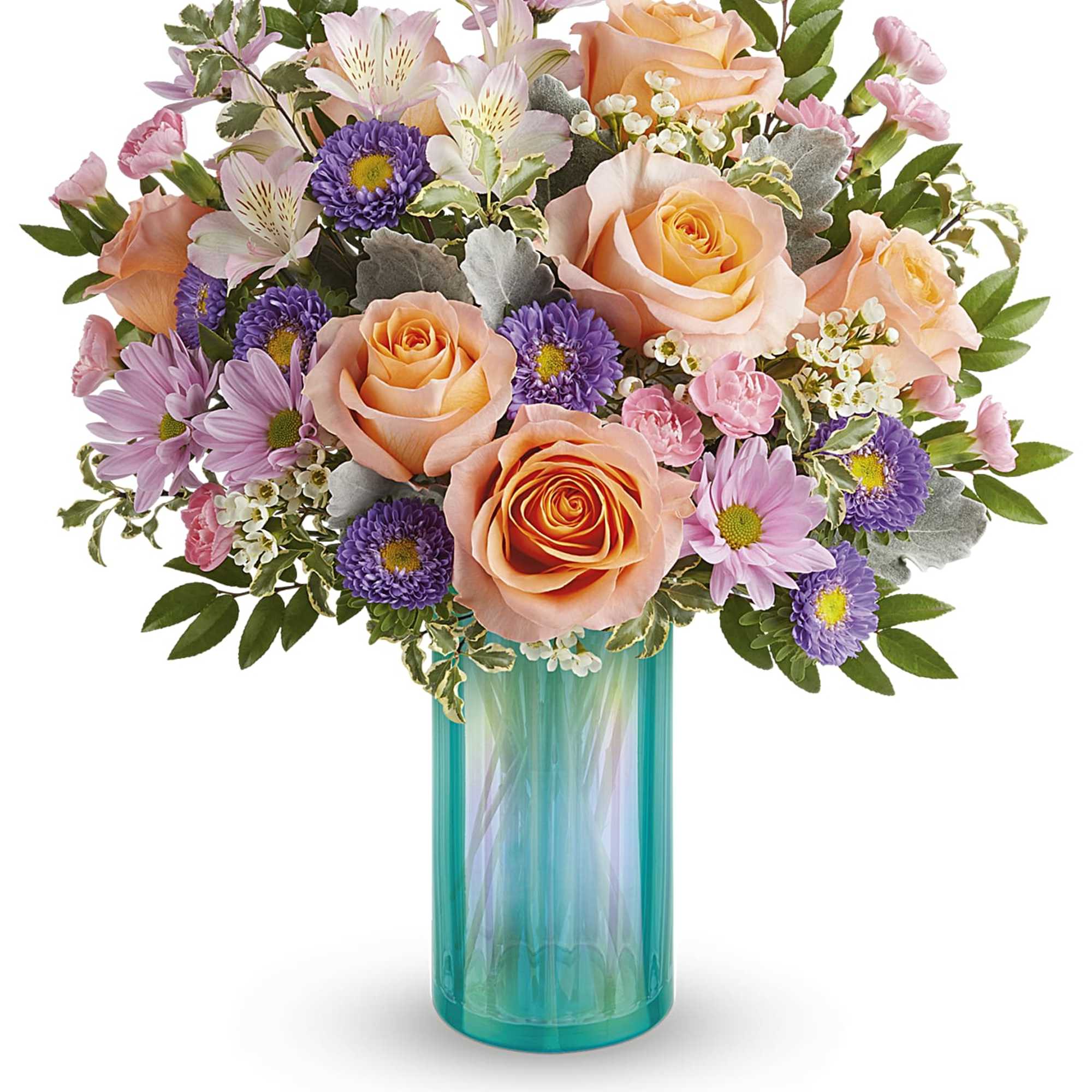 Peach roses and purple daisies in a turquoise glass vase