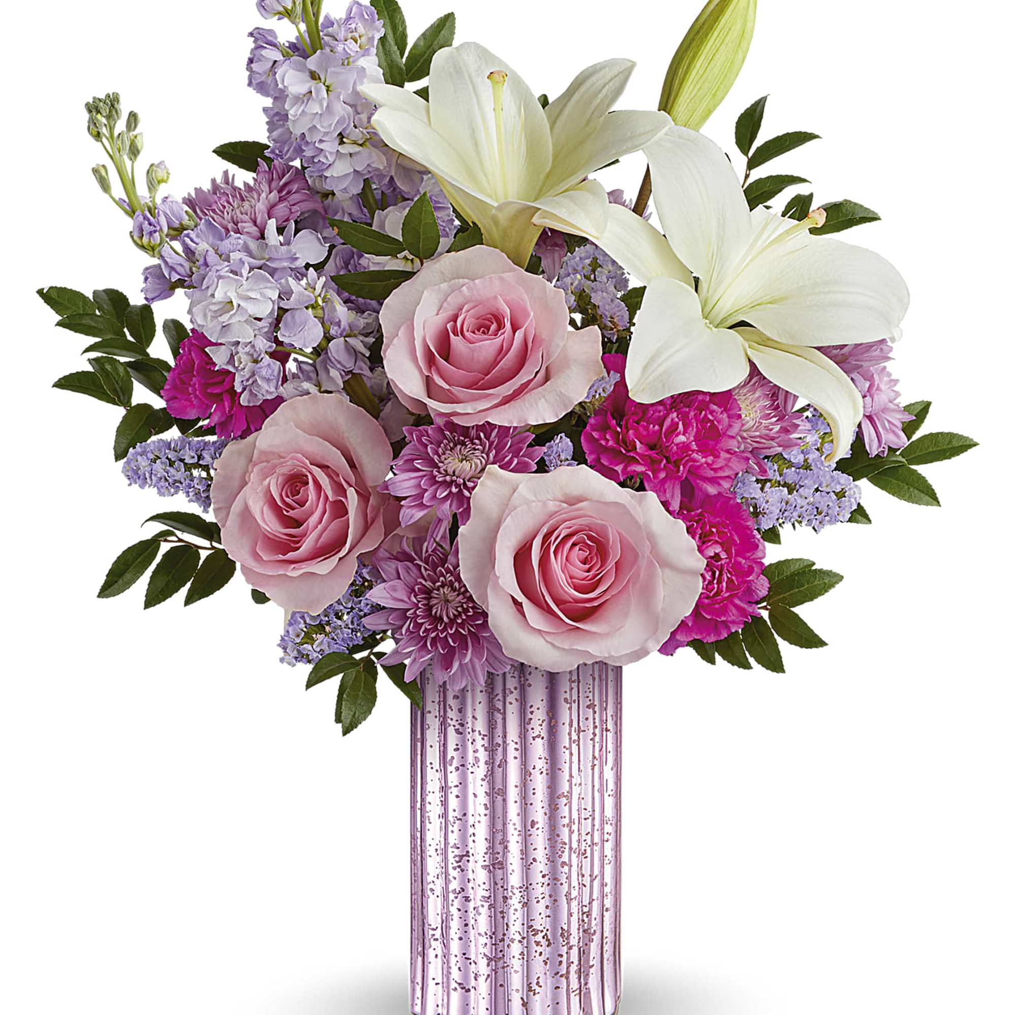 Pink roses and white lilies in a pink glass vase