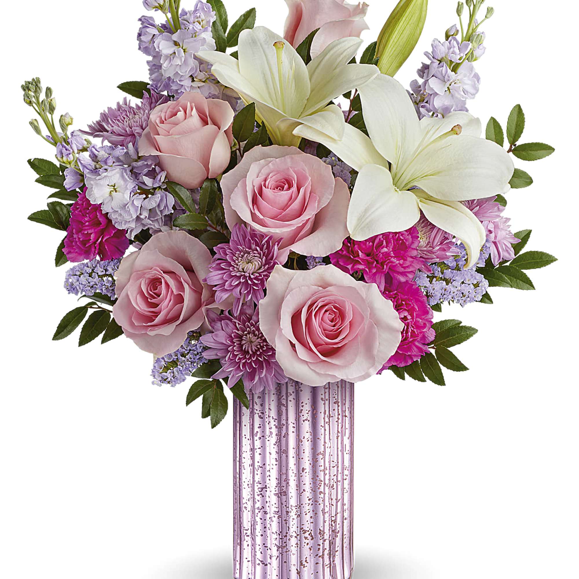 Pink roses and white lilies in a pink glass vase