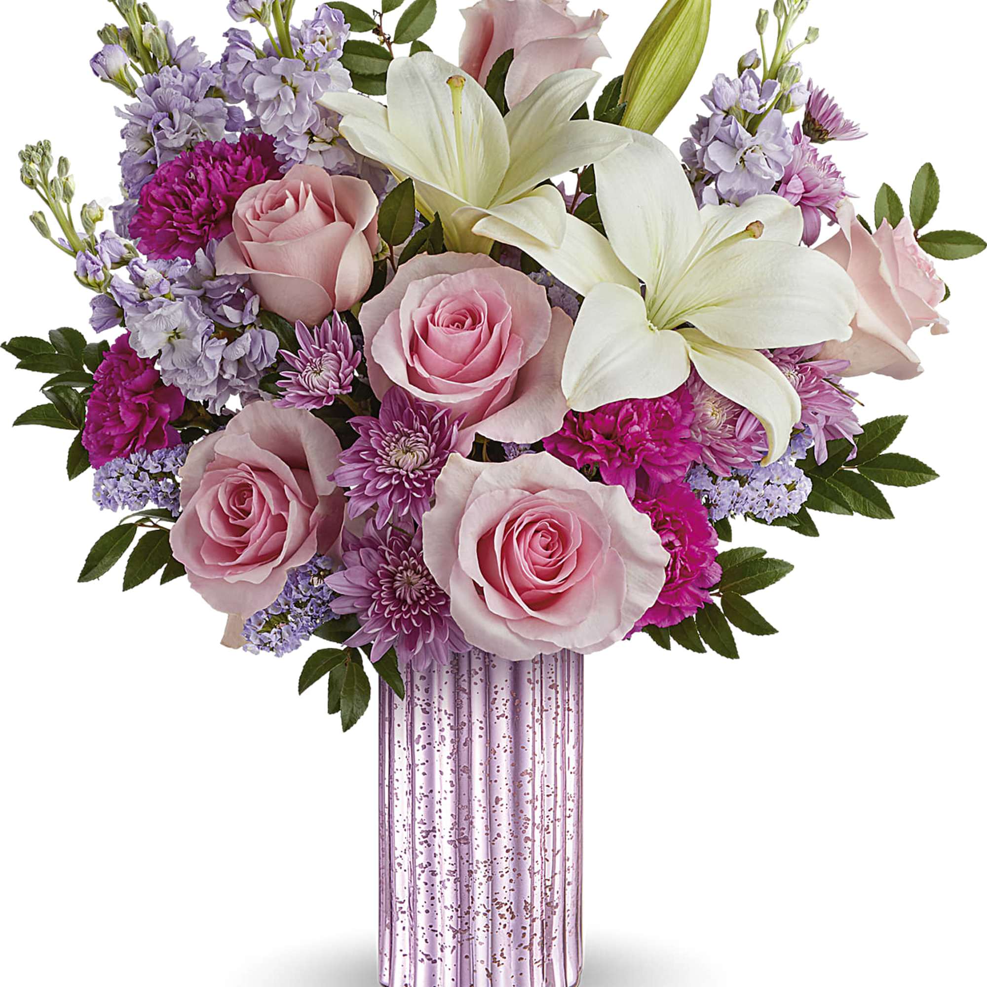 Pink roses and white lilies in a pink glass vase