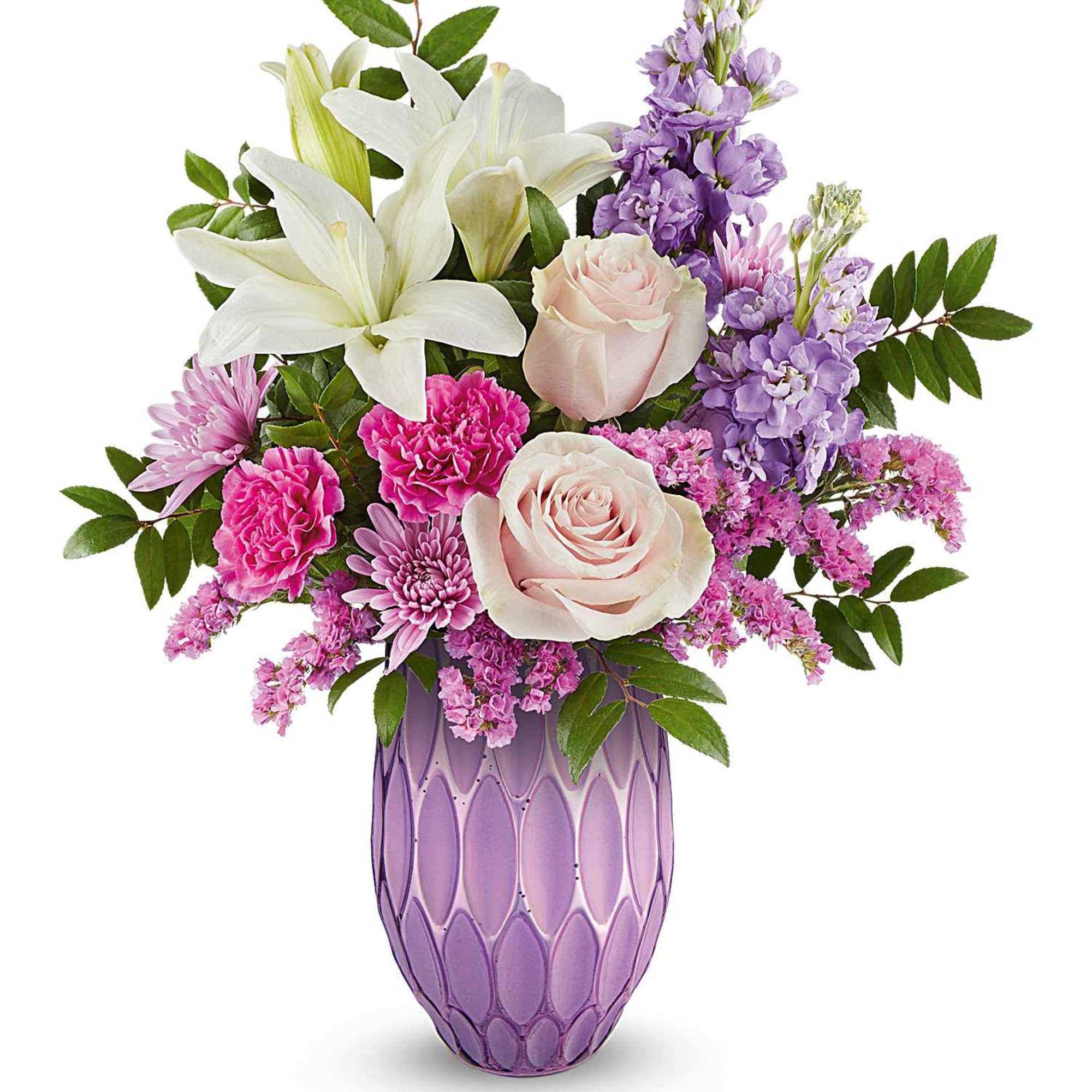 Pink and white flowers arranged in a purple vase