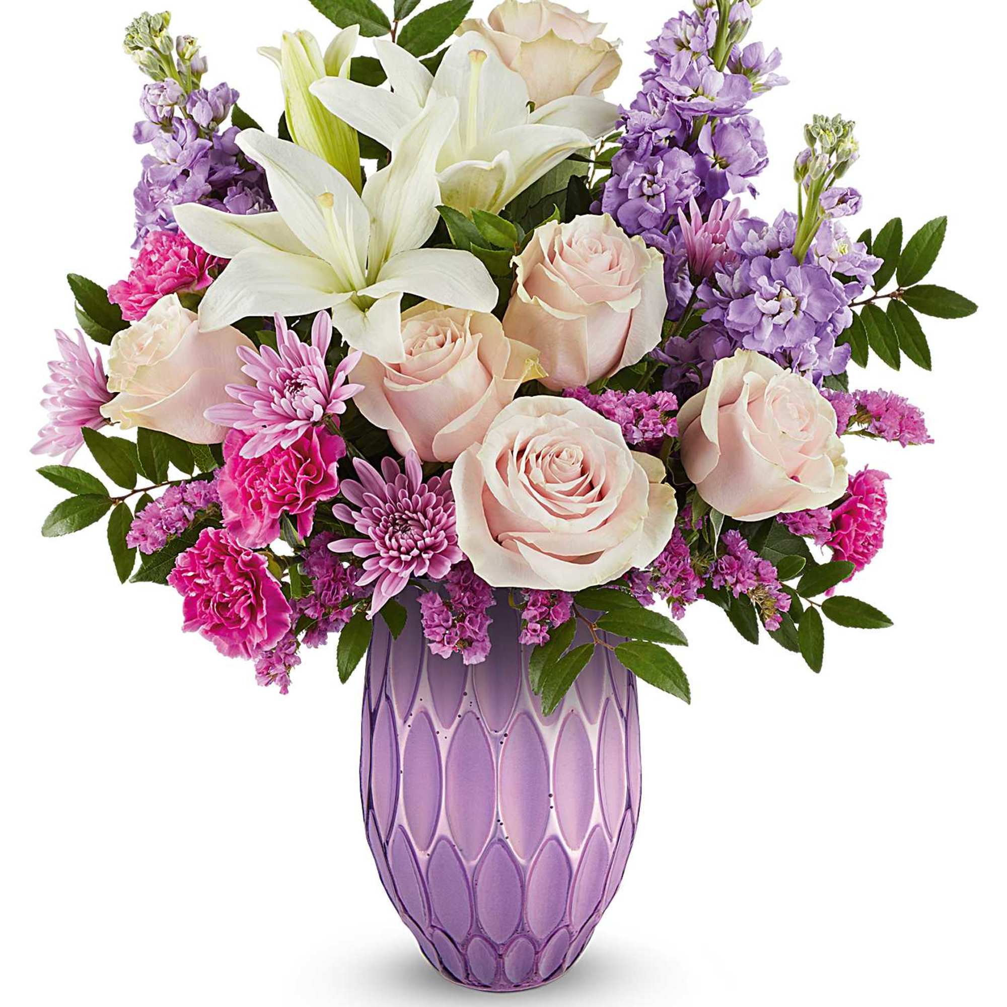 Pink and white flowers arranged in a purple vase